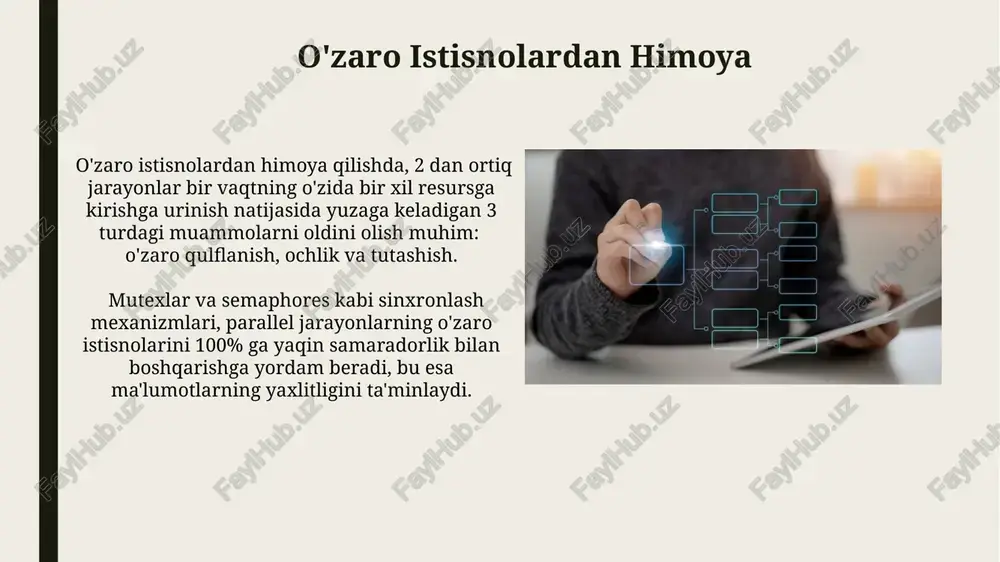 lashi va shart operatori yordamida ularning sinxronlashuvi, masalan, 5 ta resurs uchun raqobatni modellashtirish ko'rsatiladi. mutex yoki semaphore kabi sinxronlash vositalaridan foydalanib, 3 ta jarayon o'rtasidagi o'zaro ta'sir va shart operatorlari yordamida ularning ishlash tartibini boshqarish misoli keltirilishi mumkin. parallel jarayonlarni dasturlash mutexlar va semaphores kabi sinxronlash mexanizmlari 3 ta yoki undan ortiq parallel jarayon o'rtasidagi tanqidiy qismlarga kirishni tartibga solish va poyga holatlarini oldini olishda muhim rol o'ynaydi. parallel jarayonlarni samarali boshqarish uchun, masalan, 4 ta jarayonni bir vaqtda bajarishda, thread pool yoki executor xizmatlaridan foydalanish operatsion tizim resurslarini optimal tarzda taqsimlash imkonini beradi. o'zgaruvchilarni sinxronlash o'zgaruvchilarni sinxronlashda, 2 ta yoki undan ortiq jarayon bir vaqtning o'zida bir xil o'zgaruvchini o'zgartirishga urinishdan kelib chiqadigan poyga holatini oldini olish uchun mutexlar yoki semaforlar kabi mexanizmlar qo'llaniladi. o'zgaruvchilarni sinxronlashda, atom operatsiyalari, masalan, `compare-and-swap` yordamida, bir nechta jarayonlarning bir vaqtning o'zida o'zgaruvchini o'zgartirishga urinishi muammosini 3-4 marta tezroq hal qilish mumkin. e'tiboringiz …