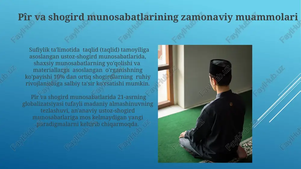 toz va shogird) o'rtasidagi ishonch va hurmat muhim ahamiyatga ega. ruhiy rivojlanishdagi to’siqlar to'siqlarning 20% i ustoz va shogird o'rtasidagi noto'g'ri munosabatlar, masalan, ustozning ta'lim uslubidagi qattiqqo'llligi yoki shogirdning o'ziga haddan tashqari ishonchidan kelib chiqadi. ruhiy rivojlanishdagi asosiy to'siqlardan biri – shaxsiy egoizm va 3 ta asosiy his-tuyg'u (g'urur, hasad, ochko'zlik) ning ustunligi bo'lib, u o'z-o'zini anglash va ustoz bilan chinakam aloqani cheklaydi. ustoz-shogird munosabatlarida ishonch va sadoqat ustozga sodiqlik, taxminan 7 ta asosiy fazilatni oʻz ichiga oladi: itoatkorlik, hurmat, sadoqat, ishonch, sabr-toqat, minnatdorchilik va chinakam sevgi. ustoz-shogird munosabatlarida ishonchning 3 darajasi mavjud: boshlangʻich, oʻrta va yuqori, bu darajalar shogirdning rivojlanishi va ustozga boʻlgan sadoqati bilan belgilanadi. e'tiboringiz uchun rahmat @taqdimot_robot image1.jpg image2.jpg image3.jpg image4.jpg image5.jpg image6.jpg image7.jpg image8.jpg image9.jpg image10.jpg image11.jpg