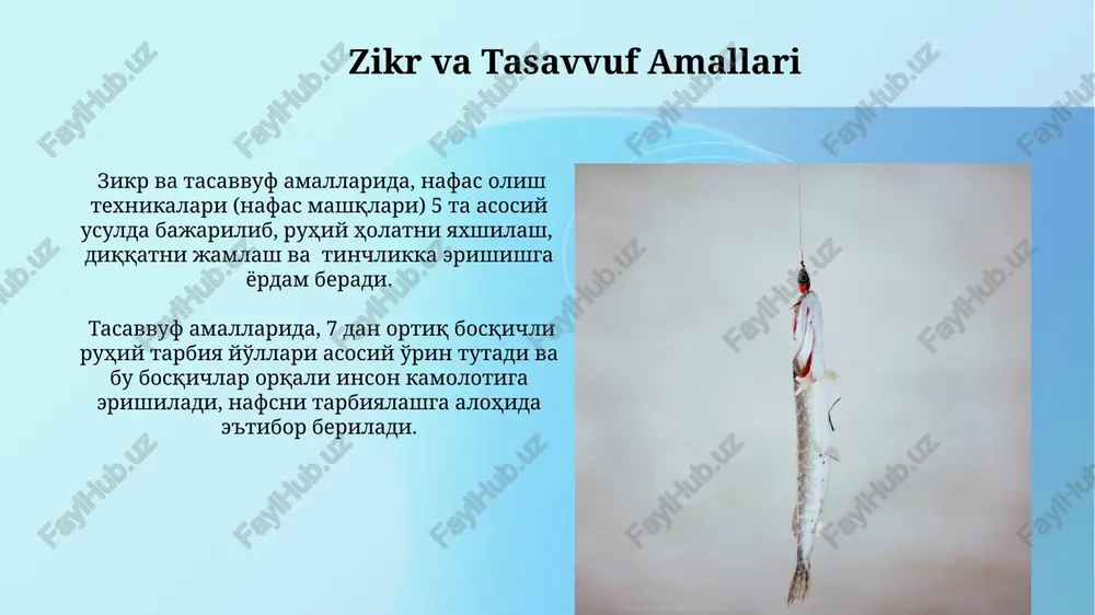 nning kamol topishiga olib keladi. “sabr” va “bardoshlilik” tushunchalari sufiylikda bir-biriga chambarchas bog’liq bo’lib, 7 bosqichli ma’naviy kamolga erishish jarayonida muhim rol o’ynaydi, bu jarayon tavakkal va ishonchga asoslanadi. insonning ruhoniy safarlari insonning ruhiy sayohatining maqsadi – "fana" (o'zlikdan voz kechish) orqali "baqo" (haqiqatni idrok etish) ga erishishdir, bu esa 40 yilga cho'zilishi mumkin. sufiylikda, insonning ruhiy safarida 40 kunlik xalvatlar, 1000 ta nafl namozlari kabi amaliy mashqlar muhim ahamiyatga ega. tasavvufdagi murabbiylik murabbiy (pir) shogirdini nafaqat diniy bilimlar bilan, balki axloqiy fazilatlar, ijtimoiy munosabatlar va ichki dunyosini tarbiyalash bilan ham shug'ullanadi, bu 12 ta asosiy fazilatlar bilan tavsiflanadi. murabbiylik, tasavvufda shaxsiy rivojlanishning 3 asosiy bosqichini – tahqiq (izlanish), tahqiq (tozalash) va taqlid (taqlid qilish)ni o'z ichiga oladi, bu jarayon 7 yildan 40 yilgacha davom etishi mumkin. sofiylikdagi kamol insonning sofiylikdagi kamolga erishishi, uning 5 ta tuygʻusini tozalash va nafsiga qarshi kurash orqali amalga oshiriladi. kamolga yetgan sofi, taʼrifga koʻra, …
