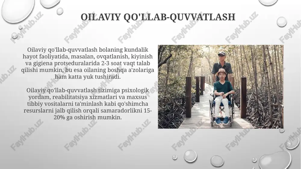 sh oralig'ida, fizikaviy terapiya mashg'ulotlari samaradorligini oshirish uchun individual yondashuv zarur. mushaklarning gipoksiyasi va atrofiyasi kabi asoratlarning oldini olish uchun, kuniga kamida 2-3 soat passiv harakatlarni amalga oshirish tavsiya etiladi. bu suyak zichligini saqlashga yordam beradi. harakatlanish qobiliyati cheklangan mushak-skelet tizimi buzilishi bo'lgan bolalar ushbu bolalar guruhi orasida jismoniy terapiya va ergoterapiya kabi reabilitatsiya xizmatlariga bo'lgan ehtiyoj yuqori bo'lib, ularning 90% dan ortig'i mutaxassislarning doimiy yordamiga muhtoj. bolalarning 5 dan 10% gacha bo'lgan qismi og'ir harakatlanish qobiliyati cheklanganligi sababli, ixtisoslashtirilgan tibbiy vositalar va texnologiyalar, jumladan, maxsus nogironlar aravachalari va boshqa moslashtirilgan jihozlardan foydalanish zarurati mavjud. davolash usullari ortopedik jarrohlik, masalan, suyaklarning deformatsiyasini tuzatish uchun, 15% holatlarda qo‘llanilib, bolaning mustaqil harakatlanishiga yordam beradi. bunda individual reabilitatsiya dasturi muhim. dori-darmonlar, masalan, og‘riq qoldiruvchi va yallig‘lanishga qarshi vositalar 55% hollarda buyuriladi, bu esa bemorning umumiy holatini yaxshilash va harakatlanishni osonlashtirishga xizmat qiladi. ortotika va protezlash ortopedik vositalar, masalan, protezlar yoki ortezlar, bolalarning 70% …