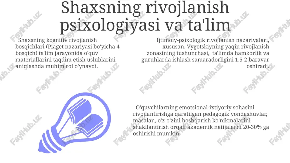 alangan sig'imi (7 ± 2 birlik) o'quv materiallarini taqdim etish uslubiga ta'sir qilib, tushunish va eslab qolishni yaxshilaydi. bilish jarayonlarining individual farqlari (masalan, sezgi, xotira, fikrlash xususiyatlari) o'quv natijalariga sezilarli ta'sir ko'rsatib, 30% gacha farqni tushuntirishi mumkin. e'tiboringiz uchun rahmat @taqdimot_robot image1.jpeg image2.jpeg image3.jpeg