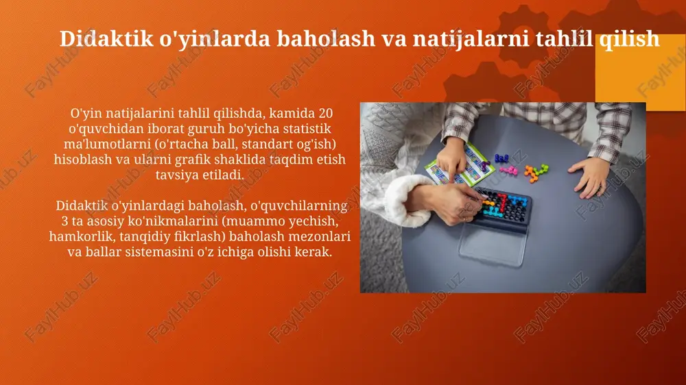m. zamonaviy didaktik o'yinlar va texnologiyalar interfaol doskalar va onlayn platformalar orqali 5 dan ortiq turdagi didaktik oʻyinlarni birlashtirish, oʻquv materialini oʻzlashtirishni 30% ga oshirishi mumkin. zamonaviy didaktik oʻyinlar, masalan, 3d modellashtirish va vr texnologiyalaridan foydalanib, oʻquv jarayonini 20% ga samaradorroq qiladi, shuningdek, oʻquvchilarning faol ishtirokini taʼminlaydi. didaktik o'yinlarning turlari: o'yin faoliyatiga ko'ra o'yinning murakkabligi va o'quvchilarning yoshiga moslashuvi muhim ahamiyatga ega. masalan, 1-sinf uchun sodda qoidalarga ega 5-6 ta vazifali o'yinlar, 5-sinf uchun esa 10-15 ta vazifali murakkab mantiqiy o'yinlar mos keladi. o'quv jarayonida, o'yin faoliyatiga ko'ra, individual (1 kishilik), juftlik (2 kishilik), guruh (3 va undan ortiq ishtirokchi) o'yinlarini qo'llash samaradorlikni oshiradi. bu o'quvchilarning hamkorlik va raqobat qobiliyatlarini rivojlantiradi. didaktik o'yinlarning turlari: o'quv materialiga ko'ra didaktik o'yinlarni o'quv materiali turi bo'yicha 3 ta asosiy guruhga: 1) so'z materiallariga asoslangan (masalan, 20 ta so'zdan iborat topishmoqlar), 2) raqamli materiallarga asoslangan (matematik misollar, 10 ta raqamdan iborat tenglamalar) va 3) …