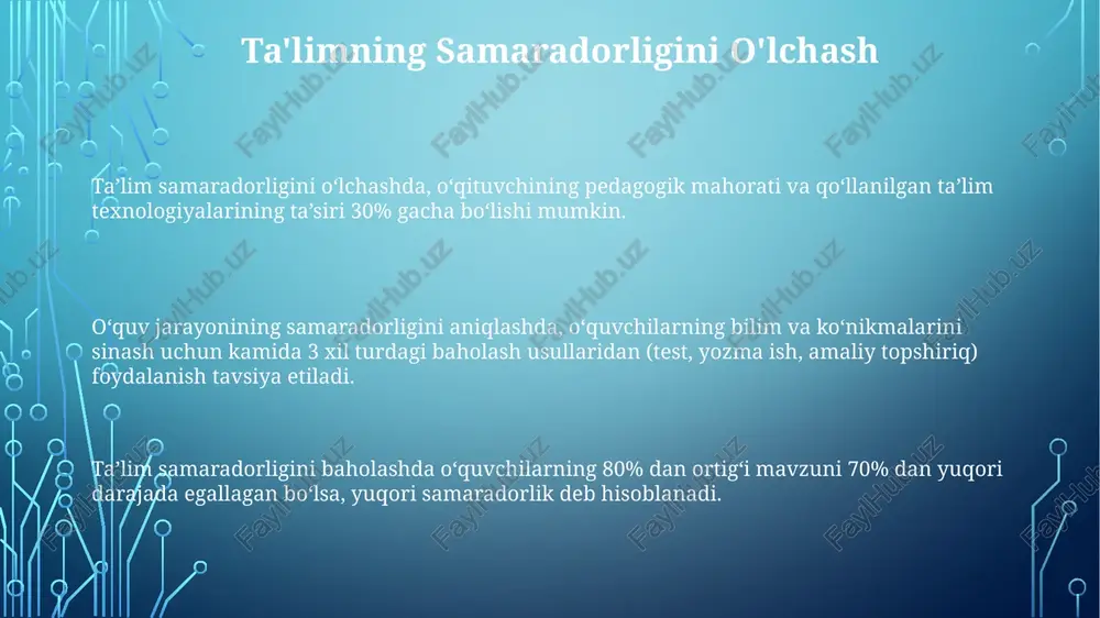 larini hisobga olish, individual yondashuv va 4 bosqichli o‘quv jarayonini ta’minlaydi. o'qitish uslublari va texnikalari o'qitish uslublarini tanlashda o'quvchilarning yoshi, bilimi va ko'nikmalari, shuningdek, mavzu murakkabligi kabi 3 ta asosiy omilni hisobga olish kerak. o'qitish jarayonida 5w1h (kim? nima? qachon? qayerda? nega? qanday?) savollaridan foydalanish o'quv maqsadlarini aniqlash va darsni mantiqiy tuzishga yordam beradi. samarali o'qitish uchun kamida 2 ta turli xil o'qitish texnikalarini (masalan, muammoli ta'lim va hamkorlikdagi o'rganish) birlashtirish tavsiya etiladi. ta'lim metodlari tarkibiy qismlari samarali ta'lim metodikasida 5-7 ta bosqich mavjud bo'lib, ular maqsad qo'yish, rejalashtirish, amalga oshirish, baholash va takomillashtirish jarayonlarini o'z ichiga oladi. turli ta'lim metodlari (masalan, mualliflik, hamkorlik, loyiha usullari) o'ziga xos xususiyatlarga ega bo'lib, ularning tanlanishi o'quvchilarning yoshi, bilim darajasi va o'quv maqsadlariga bog'liq. ta'lim metodlari kamida 3 ta asosiy tarkibiy qismdan: o'qituvchining roli, o'quvchilarning faoliyati va o'quv materiallaridan iborat bo'lib, ularning o'zaro bog'liqligi muhim ahamiyatga ega. o'qituvchi rol va vazifalari o'qituvchi, 20% …