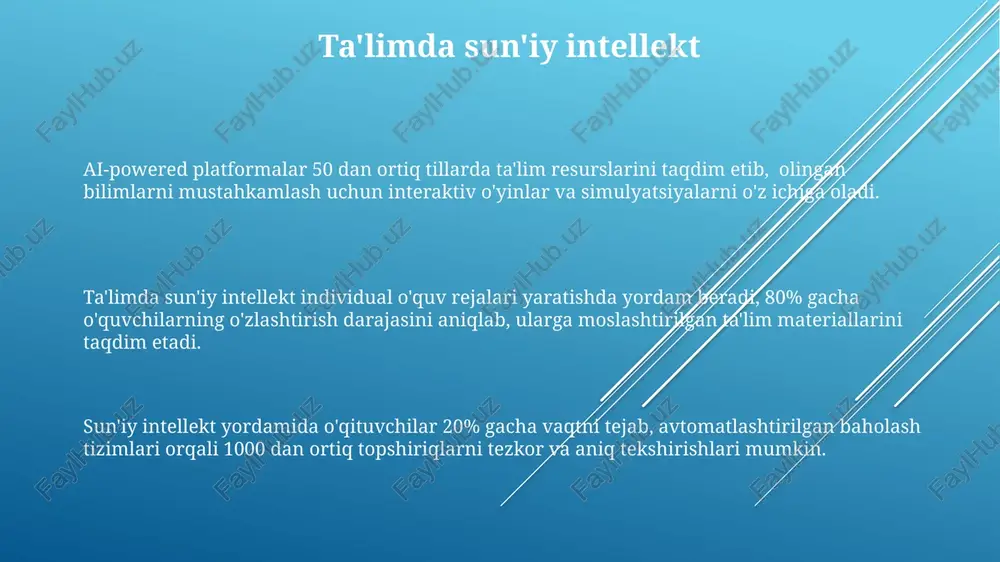 alari mavjud bo'lib, ular talabalar va o'qituvchilarni kiberxavfsizlik tahdidlaridan himoya qilishga yordam beradi, shu jumladan, parol va antivirus dasturlaridan foydalanish kabi. interaktiv o'quv materiallari interfaol darsliklar va mashqlar, o'rtacha 15 ta turli xil multimedia elementlaridan foydalanib, bilishning turli usullariga moslashishi va individual o'rganishga imkon beradi. zamonaviy interaktiv platformalar, o'rtacha 500 dan ortiq o'quv resurslarini taqdim etib, talabalarga individual o'rganish tempini tanlash va o'zlashtirish darajasini kuzatish imkoniyatini beradi. interaktiv o'quv materiallari, masalan, simulyatsiyalar va o'yinlar, o'quv jarayonini 20% ga qadar tezlashtirishi va talabalarning 30% ko'proq ma'lumotni o'zlashtirishiga yordam berishi mumkin. e'tiboringiz uchun rahmat @taqdimot_robot