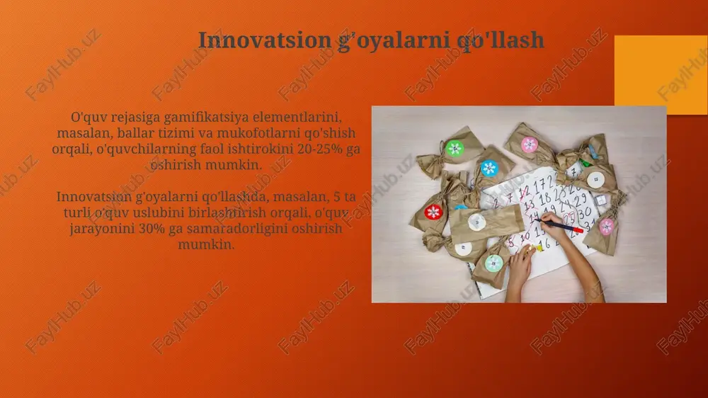 oa ishi jarayonida har bir o‘quvchi o‘z vazifasini 20% bajarishi, qolgan 80% esa jamoa a'zolari bilan hamkorlikda amalga oshiriladi, bu esa mas’uliyatni taqsimlashni o‘rgatadi. o‘quv faoliyatida 4 ta asosiy bosqich (rejalashtirish, bajarish, tahlil qilish, taqdim etish) jamoa a’zolari orasida muvofiqlashtirilgan holda amalga oshirilib, har bir bosqich uchun aniq vaqt chegaralari belgilanadi. baholashning ijodiy usullari o'quvchilarning individual qobiliyatlarini hisobga olgan holda, 5 ta turli xil topshiriqlarni taklif qilish va ularning bajarilishini turli xil usullar orqali baholash pedagogning ijodiy salohiyatini aks ettiradi. portfel, loyiha, taqdimot kabi 2-3 xil baholash shakllarini birlashtirish va ularning og'irlik koeffitsientiga qarab yakuniy bahoni chiqarish, ijodiy baholashning samarali usuli hisoblanadi. o'z uslubini shakllantirish o'qituvchining o'ziga xos uslubini shakllantirish jarayoni 3 bosqichdan iborat bo'lib, har bir bosqichda kamida 5 ta turli pedagogik texnologiyalarni qo'llash tavsiya etiladi. pedagogik mahoratning 70% amaliy tajriba orqali, qolgan 30% esa nazariy bilim va o'z ustida muntazam ishlash hisobiga shakllanadi. e'tiboringiz uchun rahmat @taqdimot_robot image3.png …