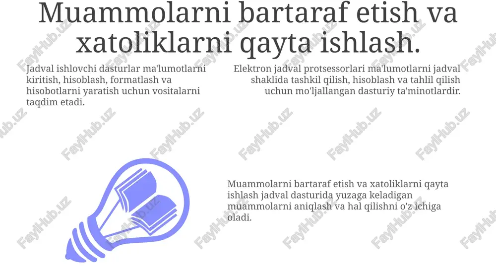 aro baham ko'rish bu dasturlarni asosiy xususiyatlari hisoblanadi. elektron jadval protsessorlari ma'lumotlarni jadval shaklida tashkil qiladi, hisoblaydi va tahlil qiladi. ular foydalanuvchilarga ma'lumotlarni tahlil qilishda birgalikda ishlash va samaradorlikni oshirishga imkon beradi. umumiy jadval dasturiy ta'minoti byudjet, buxgalteriya va ma'lumotlar tahlili kabi vazifalar uchun ishlatiladi. jadvallar yaratish uchun ishlatiladigan dasturlar. ma'lumotlarni jadval shaklida tashkil qilish, hisoblash va tahlil qilish. jadval yaratish ma'lumotlarni jadval shaklida tashkil eting. jadval yaratish uchun dasturiy ta'minotlardan foydalaning. ma'lumotlarni hisoblab chiqaring va tahlil qiling. e'tiboringiz uchun rahmat @taqdimot_robot image1.jpeg image2.jpeg image3.jpeg