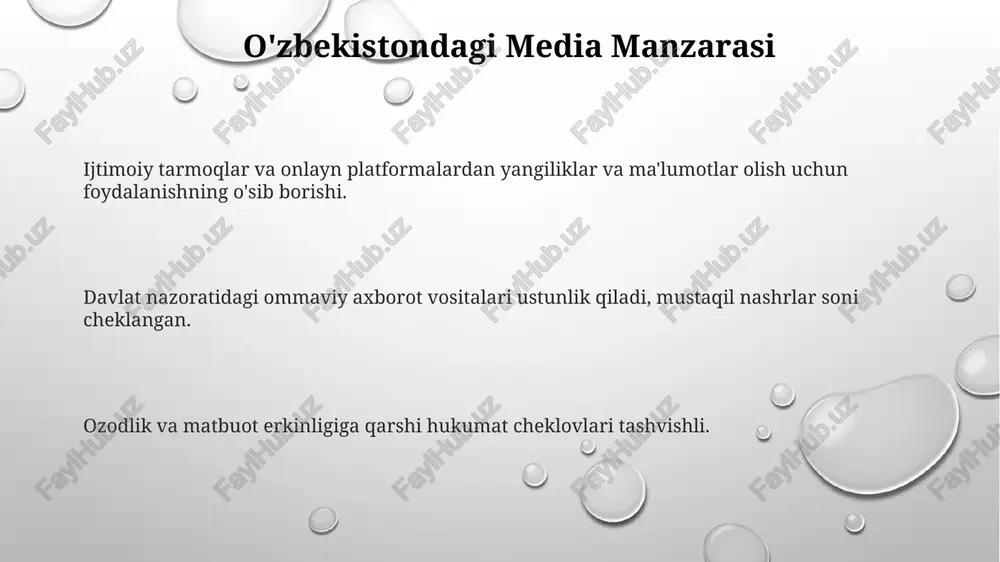 gi ta'limi hali rivojlanish bosqichida, tanqidiy fikrlash va raqamli fuqarolikka yo'naltirilgan. o'zbekistondagi media faoliyati asosan hukumat tomonidan nazorat qilinadi, mustaqil ovozlar uchun cheklangan maydon mavjud. ijtimoiy tarmoqlar o'zbek jamiyatida muhim rol o'ynaydi, axborot almashish va ijtimoiy aloqalar uchun platformalar yaratadi. oʻzbek mediasi tarixiy koʻrinishi hukumatiyam sezgiarli nazorati saqlanib qolgan bo'lsa-da, mustaqil media vositalari, ayniqsa onlayn tarmoqlarda, o'z o'rnini topmoqda. qiyinchiliklar sensura, fikr erkinligini cheklashlar va jurnalistlarga nisbatan huquqiy cheklashlarni o'z ichiga oladi. o'zbek mediasi sovet nazoratidagi organlardan ko'proq xilma-xil manzaraga, davlat tomonidan boshqariladigan va mustaqil kanallarga aylandi. o'zbekistonda media kelajagi raqamli o'zgarishlar: o'zbekiston raqamli media va onlayn kontentni qabul qilmoqda, bu esa yangiliklar iste'moli va reklamaga ta'sir qilmoqda. mustaqil media rivoji: davlat nazoratidagi an'anaviy ommaviy axborot vositalariga qarshi kurashayotgan yangi mustaqil media maydoni paydo bo'lmoqda. hukumat tartibga solish: hukumat ommaviy axborot vositalarida muhim rol o'ynaydi, kontent va ommaviy axborot vositalarini boshqaruvchi qonunlar mavjud. e'tiboringiz uchun rahmat @taqdimot_robot image1.png image2.png image3.png