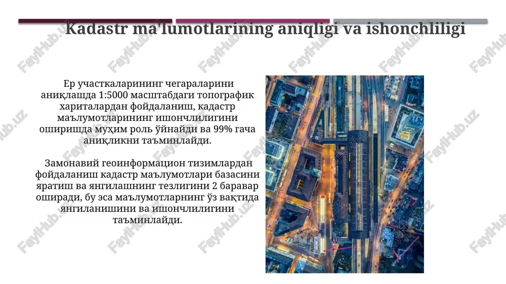 lumotlar bazasini yaxshilash va aniqligi 95% ga yetkazish uchun qo'shimcha investitsiyalar va zamonaviy texnologiyalarni joriy etish zarur. temir yo'l tarmog'ining 2000 km dan ortiq qismini qayta kadastrlash ishlarini tezlashtirish maqsadida, kadastr xodimlarining sonini 2 barobarga oshirish lozim. huquqiy asoslar va me'yorlar kadastr maʼlumotlarining aniqligi va ishonchliligini taʼminlash uchun 3 ta asosiy meʼyorlardan foydalaniladi: davlat geodeziya tarmogʻidan foydalanish, aniq koordinatalarni belgilash va zamonaviy geodeziya texnologiyalaridan qoʻllanilishi. temir yoʻl yer uchastkalari davlat kadastrini yuritish boʻyicha 20 dan ortiq qonun hujjatlari va meʼyoriy-huquqiy aktlar mavjud boʻlib, ularning 15 tasi oʻzbekiston respublikasi prezidentining farmonlari va qarorlaridir. investitsiyalarni jalb qilish va loyihalarni amalga oshirish temir yo'l kadastrining aniq ma'lumotlarini taqdim etish orqali 100 mln. aqsh dollarigacha investitsiyalarni jalb qilish va yillik 15% foizli daromad keltiruvchi loyihalarni amalga oshirish mumkin. temir yo'l infratuzilmasini rivojlantirishga yo'naltirilgan davlat-xususiy sheriklik dasturlari orqali 2 mlrd. so'mlik investitsiyalarni jalb qilish va 10 ta yangi temir yo'l liniyasini qurish ko'zda tutilgan. temir …