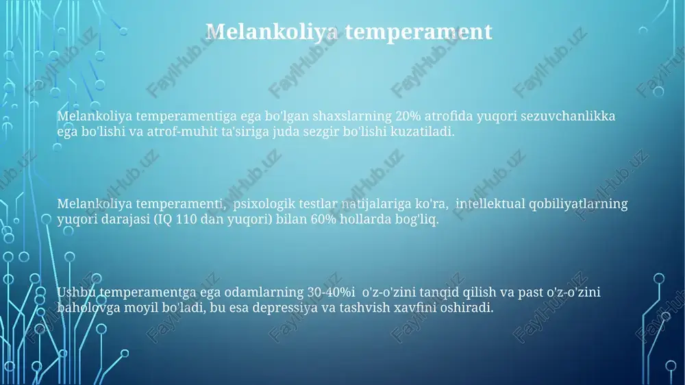 ar biri individual farqlarni tushunishda muhim rol oʻynaydi. temperament toʻrtta asosiy tipga: sangvinik, flegmatik, xolerik va melanxolikka boʻlinadi, bu turlar har xil darajadagi faollik va emotsional reaktsiyalar bilan tavsiflanadi. temperament insonning tugʻma xususiyatlari boʻlib, 40% genetik omillar va 60% atrof-muhit taʼsirlari bilan shakllanadi, bu esa uning oʻzgaruvchanligini koʻrsatadi. e'tiboringiz uchun rahmat @taqdimot_robot image1.png image2.png image3.png image4.png image5.png