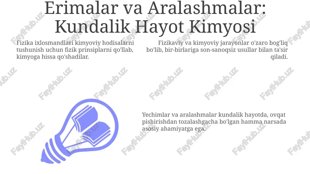 rqali hissa qo'shishlari mumkin. fizikaviy va kimyoviy jarayonlar o'rtasidagi o'zaro ta'sirni tushunish materiallarni ishlab chiqish va loyihalashda juda muhim. fizika muxlislarining tadqiqot va innovatsiyalardagi roli add text add text add text add text add text add text fizika ixlosmandlari mustaqil loyihalar va hamkorliklar orqali tadqiqot va innovatsiyaga hissa qo'shadi. fizika kimyovi hodisalarni tushunish uchun asos yaratadi va bu ixlosmandlarga tegishli sohalarga chuqur sho'ng'ish imkonini beradi. fizika va kimyo chuqur bog'liq, birining printsiplari boshqasini turli jarayonlarda qo'llab-quvvatlaydi. kvant kimyosi: fizika va kimyo o'rtasidagi ko'prik 01 02 03 fizika muxlislari kimyo tadqiqotlariga hissa qo'sha olishadi. fizikaviy va kimyoviy jarayonlar chuqur o'zaro bog'liq. kvant kimyosi fizika va kimyo prinsiplarini birlashtiradi. sales 1st qtr 2nd qtr 100 0 sales 1st qtr 2nd qtr 100 0 sales 1st qtr 2nd qtr 100 0 spektroskopiya: molekulyar tuzilish sirlarini ochish fizika muxlislari fizika qonunlarini kimyoga qoʻllab, fanlar oʻrtasidagi koʻprikni yaratadi. spektroskopiya yorug'lik bilan o'zaro ta'sir orqali molekulyar …