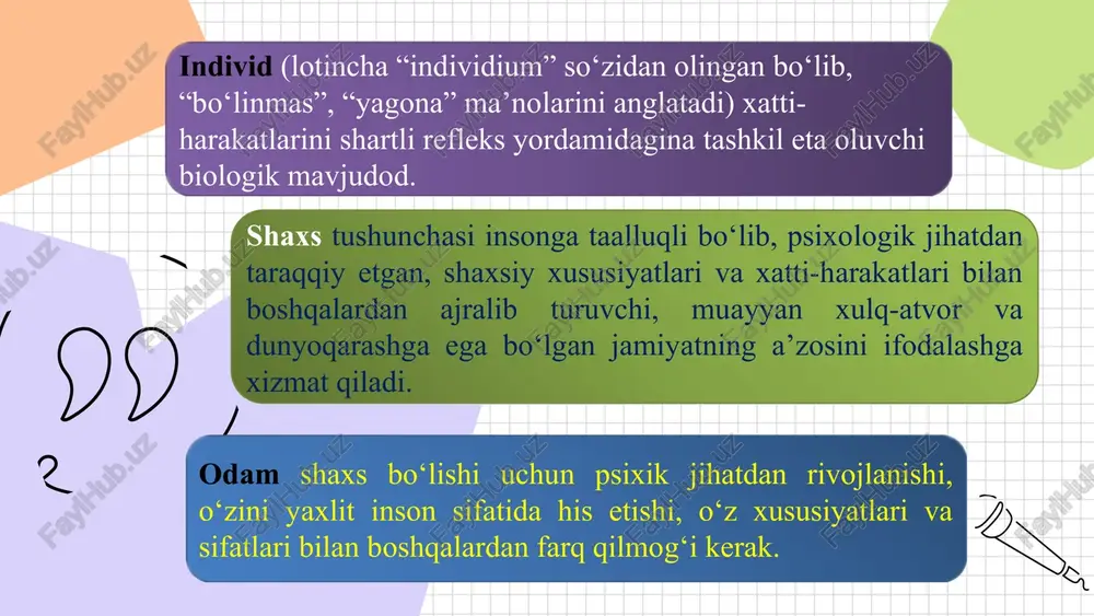 shlaydi. bolaning xatti-harakatlari, xulq-atvorida hissiy kechinmalar namoyon bo‘la boshlaydi. uning harakatida ovqatlanish, issiq yoki sovuqni sezish kabi hissiy ta’sirlar kuzatiladi. bola ikki yoshga to‘lganda undagi ixtiyorsiz faollik asta-sekin ixtiyoriy faollik bilan almashadi. u oddiy yumushlarni bajara oladi. unda ixtiyoriy diqqat o‘sadi va “men”lik yuzaga keladi. u o‘zini atrofdagi tengdoshlari bilan solishtirib, ulardan o‘zini ajratib, “mening o‘zim”, “men istayman”, “men istamayman”, “men o‘zim bajaraman” yoki “men buni bajara olmayman” kabi so‘zlarni qo‘llaydi. atrofdagi narsalarga ta’sir ko‘rsatib, ularga o‘z munosabatini bildiradi o‘yinlar asosida maktabgacha ta’lim yoshi bolalarida ijodiy xayol, zehn, fahm-farosat, topqirlik sifatlari tarbiyalanadi. o‘yin yordamida hissiyotlari shakllanadi: o‘yin davrida o‘zlarini tetik his qiladilar, erishilayotgan yutuqdan zavqlanadilar. jamoaviy o‘yinlar orqali bolalarda o‘rtoqlik va do‘stlik hislari tarkib topadi. rolli, muayyan qoidalarga asosidagi o‘yinlar kuzatuvchanlik qobiliyatini o‘stiradi, xotirani mustahkamlashga yordam beradi boshlang‘ich ta’lim davrida o‘yin faoliyatining o‘rnini endi o‘qish faoliyati egallaydi. o‘qib-o‘rganish bolaning vazifasi, ijtimoiy burchi bo‘lib qoladi. o‘qish jarayonida u darsliklarini va o‘quv …