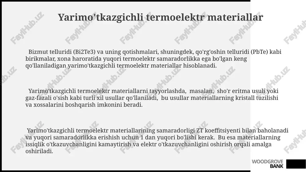 ayli termoelektr xossalarini yaxshilashga qaratilgan yangi tadqiqotlar mavzusini tashkil etadi, ularning zt koeffitsiyenti hali optimallashtirilmoqda. woodgrove bank skutteruditlar va ularning xossalari skutteruditlarning tarkibiga qo'shimcha elementlar (filling) qo'shish orqali, ularning fonon tarqalishini oshirish va natijada issiqlik o'tkazuvchanligini pasaytirish mumkin, bu termoelektrik xossalarni yaxshilashga olib keladi. skutteruditlarning yuqori issiqlik o'tkazuvchanligi (1-5 vt/mk) va past elektr qarshiligi (10⁻⁵ - 10⁻⁴ om⋅m) kabi qarama-qarshi xossalarga ega bo'lishi ularni termoelektrik materiallar sifatida jozibador qiladi. ba'zi skutteruditlar, masalan, cosb₃, 800 k dan yuqori haroratlarda yaxshi termoelektrik samaradorlik ko'rsatkichlariga ega bo'lib, zt qiymati 1 dan oshadi. woodgrove bank qotishmalarni tayyorlash usullari kimyoviy transport reaksiyalari orqali, 700-900°c da, yod kabi transport vositalarini qo'llab, yuqori sifatli yupqa plyonkalarni olish mumkin. sinterlash usuli, 90-95% zichlikka erishish uchun 1500°c gacha bo'lgan haroratda, 10-20 mpa bosim ostida qotishma changlarini issiq presslashni nazarda tutadi. qotishmalarni tayyorlashning bir usuli, 1000-1200°c haroratlarda, argon muhitida eritish va so'ngra tez sovitish orqali yaxlit kristallar olishni o'z ichiga …