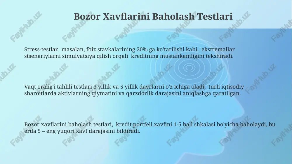 ustaqil ekspertdan xulosa olish va ularni taqqoslash orqali 90% dan yuqori bir xil fikrlarga erishish. kredit reytingi agentliklari tomonidan berilgan 3 ta turli xil reytinglarni tahlil qilish orqali kafolatning bozordagi qiymatini va moliyaviy barqarorligini aniqlash. kafolat sifatini baholash uchun 10 tadan ortiq namunaviy holatni o'z ichiga olgan stress-testlarni o'tkazish, bunda yuqori xavfli hududlar va potentsial yo'qotishlar aniqlanadi. kafolatni mustahkamlash bo'yicha tavsiyalar va xulosa kafolat hujjatlarining to'liqligi va aniqligini ta'minlash uchun 10 ta asosiy parametr bo'yicha tekshiruvlar o'tkazish va huquqiy ekspertizani bajarish kafolatning mustahkamligini sezilarli darajada oshiradi. kafolatni mustahkamlashda 3 ta asosiy test turi – stress-testlar, regress-testlar va funksional testlar – muhim rol o'ynaydi, ularning natijalari 90% dan yuqori aniqlik bilan kafolatning ishonchliligini ko'rsatadi. kafolatning samaradorligini baholash uchun kamida 5 ta turli senariyni o'z ichiga olgan "end-to-end" testlarni amalga oshirish tavsiya etiladi, bu esa xatoliklarni aniqlash imkoniyatini 2 barobar oshiradi. kreditga olinadigan aktivlarni baholash testlari aktivlarning likvidliligini baholash uchun 3 oylik, …