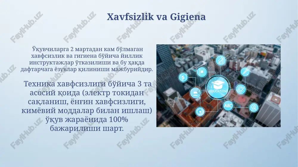 amaliy topshiriqlar, 30% nazorat ishlari va 30% yakuniy loyihadan iborat bo'ladi. o'qituvchining roli va mas'uliyati o'qituvchi darsning 80%ini faol o'rganishga, 20%ini esa mustaqil ishlarga ajratish orqali vaqtni samarali boshqarishi va o'quv rejasiga rioya qilishi lozim. o'qituvchi o'quv jarayonini samarali tashkil qilish uchun kamida 3 xil o'quv uslubidan (masalan, amaliy mashg'ulotlar, loyiha ishlari, muhokamalar) foydalanishi va har bir o'quvchining 70%dan ortig'ini qamrab olishi kerak. zamonaviy texnologiyalarni qo'llash zamonaviy texnologiyalarni qo'llash orqali o'quv jarayonini 30% ga tezlashtirish va 20% ga samaradorligini oshirish mumkin, bu esa o'quvchilarning bilim olish tezligini va sifatini yaxshilaydi. interaktiv o'quv dasturlari va simulyatorlarni qo'llash orqali o'quvchilar amaliy ko'nikmalarini 15% ga oshirib, 5 ta turli muhitda mustaqil ishlash imkoniyatiga ega bo'lishadi. e'tiboringiz uchun rahmat @taqdimot_robot image4.png image5.jpg image6.jpg image7.jpg image8.jpg image9.jpg image10.jpg image11.jpg image12.jpg image13.jpg image14.jpg image15.jpg image16.jpg image3.jpeg