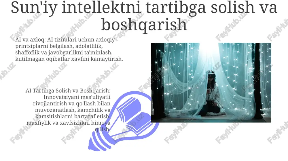 a'minlash: algoritm xolisligini bartaraf etish va barcha foydalanuvchilar uchun teng natijalarga erishish. sun'iy intellekt va axloq: umumiy nuqtai nazar sun'iy intellektni rivojlantirishdagi axloqiy masalalar ma'lumotlar xavfsizligi, algoritmning shaffofligi va qaror qabul qilish uchun javobgarlikni o'z ichiga oladi. ai tizimlari mavjud ijtimoiy kamchiliklarni saqlab qolishi va kuchaytirishi mumkin, bu esa adolatsiz natijalarga olib kelishi mumkin. axloqiy sun'iy intellekt raamkalari sun'iy intellektni ishlab chiqish tsiklining barcha bosqichlarida, ma'lumotlar to'plashdan tortib joylashtirishgacha, axloqiy jihatlarni hisobga olish kerak. ai tizimlari xolislikdan qochish, inklyuziyani rag'batlantirish va inson huquqlarini himoya qilish uchun mo'ljallangan bo'lishi kerak. amaliyotda sun'iy intellekt etikasi shaffoflik va tushunarlilik: sun'iy intellekt qarorlari shaffof va tushunarli bo'lishi kerak, bu foydalanuvchilarga ular qanday qilib qabul qilinishini ishonchli va tushunarli qilishga imkon beradi. maxfiylik va ma'lumot xavfsizligi: sun'iy intellekt tizimlari foydalanuvchi maxfiyligini hurmat qilishi va sezgir ma'lumotlarni himoya qilishi, ma'lumotlarni mas'uliyatli to'plash va ishlatishni ta'minlashi kerak. sun'iy intellektga ishonch qozonish adolat va xolislik: sun'iy intellekt tizimlari …