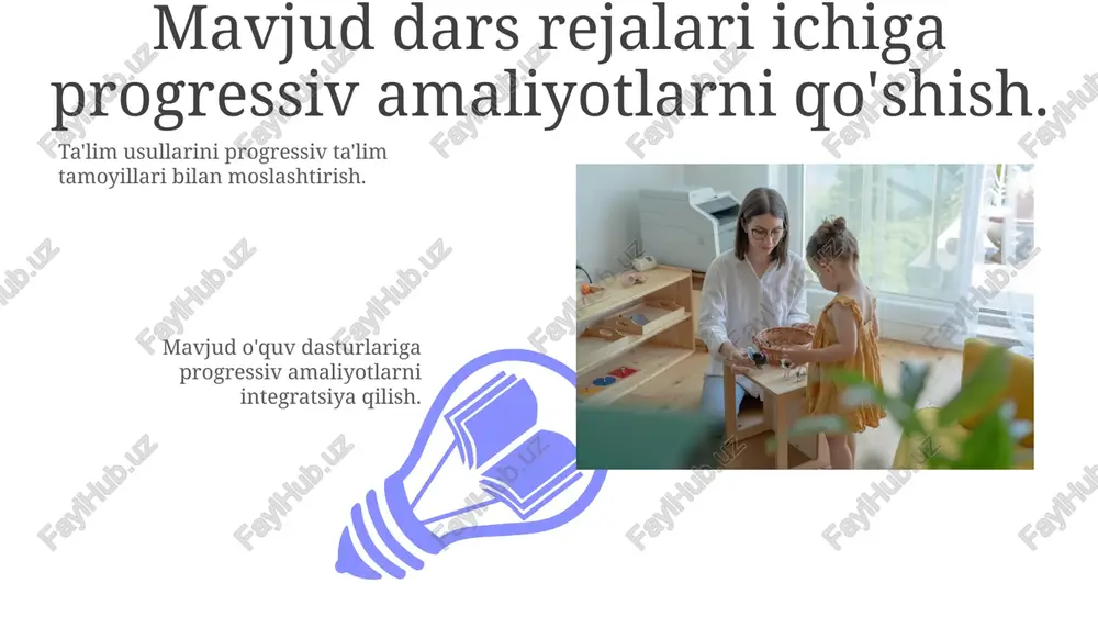 shaxsiy ehtiyojlarga e'tibor qaratish: tanqidchilar shaxsiy ehtiyojlarga e'tibor qaratish jamoaviy o'rganish va ijtimoiy javobgarlikning ahamiyatini inkor etadi, deb ta'kidlashadi. resurslar va qo'shimcha tadqiqotlar bolalarni erta rivojlantirishdagi progressiv ta'lim nazariyalari va amaliyotlari bolalar bog'chasi o'quv dasturi va pedagogikasida progressiv ta'limning tarixi va ta'siri 21-asrda progressiv ta'lim erta bolalik tarbiyachilari yosh o'quvchilarda progressiv printsiplarni amalga oshirishda, qiziquvchanlik, ijodkorlik va hamkorlikni rivojlantirishda muhim rol o'ynaydi. faol o'rganish, muammolarni hal qilish va tanqidiy fikrlashni rag'batlantiradi, talabalarni dinamik 21-asr dunyosiga tayyorlaydi. erta bolalikdagi progressiv ta'limning afzalliklari bolalarga markazlashtirilgan o'qitishni rag'batlantiradi, bolalar o'z qiziqishlarini o'rganishlari va o'z sur'atlarida o'rganishlari mumkin. birgalikda o'rganish va ijobiy munosabatlarni qurishga e'tibor qaratish orqali ijtimoiy va hissiy ko'nikmalarni rivojlantiradi. e'tiboringiz uchun rahmat @taqdimot_robot image4.jpg image5.jpg image6.jpg image7.jpg image8.jpg image9.jpg image10.jpg image11.jpg image12.jpg image13.jpg image14.jpg image15.jpg image16.jpg image17.jpg image18.jpg image19.jpg image20.jpg image1.jpeg image2.jpeg image3.jpeg
