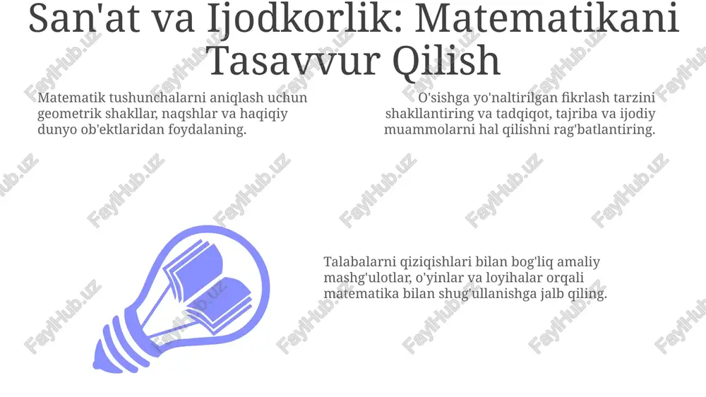 aqshlar matematik tushunchalarga tabiiy bog'lanishni ta'minlaydi. bu yondashuv kinetik o'rganishni va matematikaga chuqurroq tushunishni rag'batlantiradi. musiqa va harakat boshlang'ich sinf o'quvchilari uchun matematikani qiziqarli va zavqli qilishi mumkin. ijobiy matematika madaniyatini barpo etish: o'rganishga muhabbat uygotish xatoliklarni o'rganish imkoniyati sifatida ko'rib, mehmondo'st va qo'llab-quvvatlovchi muhit yaratish. matematikani qiziqarli qilish uchun amaliy mashqlar, o'yinlar va haqiqiy hayotdagi qo'llanmalarni qo'shing. tarqqiyotga yo'naltirilgan fikrlashni rivojlantirish uchun taraqqiyotni nishonlang va har bir kishi matematikada muvaffaqiyatga erishishi mumkinligini ta'kidlang. muammo hal qilish: tanqidiy fikrlash add text add text add text add text add text add text haqiqiy hayotdagi qo'llanmalarga e'tibor qarating: matematikani kundalik vaziyatlar bilan bog'lab, unga ahamiyat bering. hamkorlik va muloqotni rag'batlantirish: muammoni hal qilishni muhokama va jamoa ishi orqali targ'ib qilish. qo'llar bilan ishlash va didaktik materiallardan foydalanish: o'quvchilarni tushunishni shakllantirish uchun aniq tajribalar bilan jalb qiling. ota-onalarni jalb qilish: uyda o'qishni qo'llab-quvvatlash. 01 02 03 o'qishni qo'llab-quvvatlash: ijobiy o'rganish muhitini yarating, doimiy …