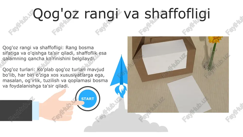 qalinligi qog'oz uchun xom ashyo qog'oz turlari qatoriga gazet qog'ozi, bosma va yozuv qog'ozi, karton va maxsus qog'ozlar kiradi. yog'och pulpası, qayta ishlangan qog'oz va boshqa o'simlik tolalari (masalan, paxta, zig'ir, kanop). yog'och pulpası, qayta ishlangan qog'oz va boshqa o'simlik tolalari (masalan, paxta, zig'ir, kanop). e'tiboringiz uchun rahmat @taqdimot_robot image5.jpg image6.jpg image7.jpg image8.jpg image9.jpg image10.jpg image11.jpg image12.jpg image13.jpg image14.jpg image15.jpg image16.jpg image17.jpg image18.jpg image19.jpg image1.jpeg image2.jpeg image3.jpeg image4.jpeg