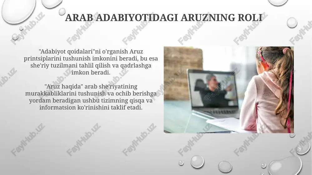 s boʻlgan matn boʻlib, grammatika, ritorika va sheʼriy tuzilma, jumladan aruz tushunchasini oʻrganadi. "aruz haqida" aruzning murakkabliklarini chuqur o'rganib chiqadi, uning tarixiy rivojlanishini, turli she'riy an'analarga qo'llanilishini va arab she'riyatini tushunishdagi ahamiyatini ko'rib chiqadi. e'tiboringiz uchun rahmat @taqdimot_robot image3.png image4.jpg image5.jpg image6.jpg image7.jpg image8.jpg image9.jpg image10.jpg image11.jpg image12.jpg image13.jpg image14.jpg image15.jpg image16.jpg image17.jpg image18.jpg image19.jpg image20.jpg image1.png
