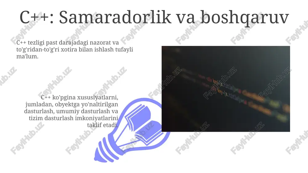 interfaol foydalanuvchi interfeyslari va dinamik veb-ilovalarni yaratish imkonini beradi. javascript asosan front-end rivojlantirishga qaratilgan, foydalanuvchi interfeysini yaxshilaydi va animatsiyalar, shakllar va ma'lumotlar vizualizatsiyasi kabi dinamik elementlarni yaratadi. kompilyatsiya qilingan va talqin qilingan tillar. kompilyatsiya qilingan tillar kodni bajarilishdan oldin to'g'ridan-to'g'ri mashina tomonidan o'qiladigan ko'rsatmalarga tarjima qiladi, talqin qilingan tillar esa kodni bajarilish vaqtida qatorma-qator bajarishni amalga oshiradi. loyiha talablari, dasturchining malakasi va ishlash samaradorligi, foydalanish qulayligi kabi omillarga qarab til tanlanadi. yangi paydo bo'lgan dasturlash tillari. dasturlash tillari va imkoniyatlari: python - umumiy maqsadli, ma'lumotlar fani, mashina o'rganishi. javascript - veb-ishlab chiqish, oldingi qism, orqa qism. ko'proq tillar va imkoniyatlar: java - korxona dasturlari, android dasturlash. c++ - tizim dasturlash, o'yinlarni ishlab chiqish. swift: apple ning zamonaviy til ishlash va foydalanish qulayligi uchun mo'ljallangan swift, turli xil ilovalar yaratish uchun kuchli vositadir. swift: ios, macos, watchos va tvos uchun zamonaviy, xavfsiz va tez dasturlash tili. e'tiboringiz uchun rahmat @taqdimot_robot image4.jpg …