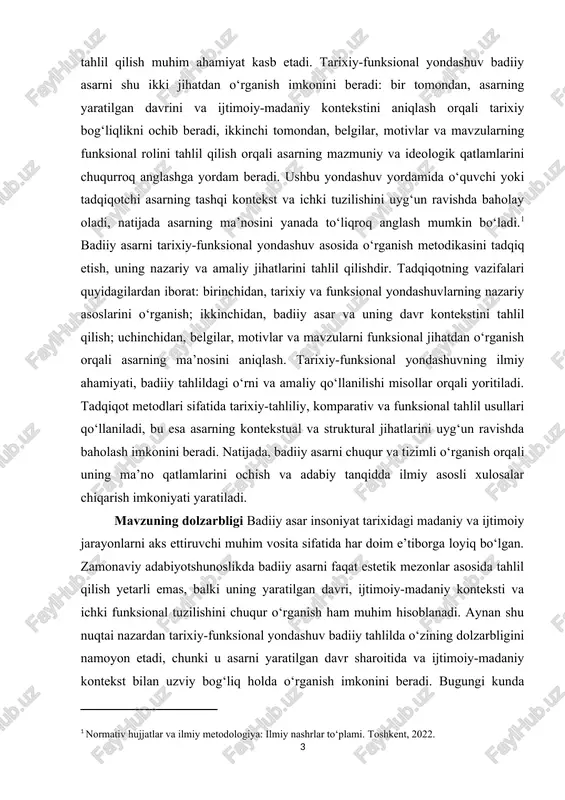i to‘liq va tizimli tushunish imkoniyatini beradi. shu sababli, mazkur mavzu zamonaviy adabiyotshunoslikda, ilmiy tadqiqotlarda va ta’lim jarayonida dolzarb hisoblanadi. kurs ishining ahamiyati badiiy asarni tarixiy-funksional yondashuv asosida o‘rganish ilmiy va amaliy jihatdan katta ahamiyatga ega. ilmiy ahamiyati shundaki, u adabiyotshunoslikda asarning ichki strukturasini, belgilar, motivlar va mavzular tizimini chuqur tahlil qilish imkonini beradi, shuningdek, asarning yaratilgan davri va ijtimoiy-madaniy konteksti bilan bog‘liqligini aniqlash orqali adabiy jarayonlarni yanada to‘liq tushunishga yordam beradi. bu yondashuv asar mazmuni va shaklini uning ideologik, estetik va madaniy qatlamlarini bir vaqtning o‘zida o‘rganish imkonini beradi. amaliy ahamiyati esa adabiy ta’lim va badiiy tanqid jarayonlarida namoyon bo‘ladi. tarixiy-funksional yondashuv yordamida talabalar va o‘quvchilar badiiy asarni kontekstual ravishda o‘rganishni, belgilar va motivlarning jamiyatdagi ijtimoiy funksiyasini tushunishni o‘rganadilar. shu bilan birga, tadqiqotchilar va o‘qituvchilar asarni tahlil qilishda ilmiy metodik asosga tayangan holda xulosalar chiqarish va badiiy tanqidni chuqurlashtirish imkoniga ega bo‘ladilar. yondashuv zamonaviy adabiyotshunoslikda asarni tarixiy, ijtimoiy va …