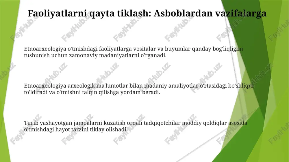 arxeologiya o'tmishdagi jamiyatlarning moddiy madaniyati va turmush tarzini tushunish uchun tirik madaniyatlarni o'rganadi. kontekstning roli: artefaktlarni vaqt va makonda joylashtirish artefaktlarni tushunish uchun kontekst juda muhimdir. hozirgi jamiyatlarni o'rganish orqali etnoarxeologiya o'tmishdagi odamlarning hayot tarzini qayta tiklashga yordam beradi. etnoarxeologiya, artefaktlarni xulq-atvor bilan qanday bog'liqligini tushunish uchun yashayotgan madaniyatlarni o'rganadi. bo'shliqni ko'priklash: o'tmish va hozirgi kunni bog'lash o'tmish bilan hozirgi zamon o'rtasidagi bo'shliqni arxeologik talqin uchun ko'priklash. etnoarxeologiya zamonaviy madaniyatlarni arxeologik qoldiqlar bilan bog'laydi. u o'tmishdagi turmush tarzini tushunish uchun tirik madaniyatlarni o'rganadi. etnografik yondashuv: madaniy amallarni tushunish hayot yo‘llarini qayta tiklash: arxeologik dalillar va etnografik ma'lumotlar yordamida o'tgan jamiyatlarning xulq-atvori va amaliyotlarini tushunish. etnoarxeologiya: arxeologik qoldiqlarni tirik madaniyatlarni kuzatish orqali o'tgan hayot tarziga bog'lash. etnografik yondashuv: madaniyatlarni bevosita kuzatish va odamlar bilan o'zaro muloqot orqali o'rganish. kuzatish kuchi: etnoarxeologiyada diqqat markazi etnoarxeologiya odamlarning o'z muhitini qanday ishlatishini va o'zgartirishini tushunishga qaratilgan. bu ma'lumotlar arxeologlarga o'tmish jamiyatlarining turmush tarzini tiklashga …