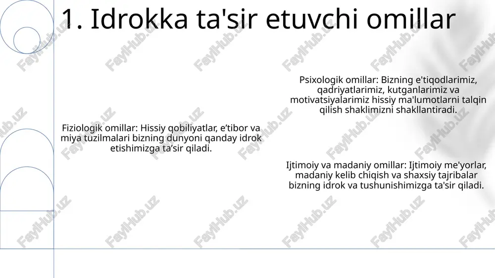 i idrok qilish - bu harakatni aniqlash va tushunish qobiliyatidir. ushbu jarayon miyaning koʻrish maʼlumotlaridagi oʻzgarishlarga javob beradigan ixtisoslashgan neyronlarga tayanadi. harakatni idrok etish ob'ektning o'lchami, masofa va tezligiga bog'liq. 12. harakatni idrok qilish idrok shaxsning xususiyatlari, tarafdorligi va kutishilari bilan shakllanadi. tushunish - bu oldingi bilimlarga asoslanib, sezgi ma'lumotlarini talqin qilishni o'z ichiga oladi. diqqat filtrlari ma'lumotni tanlab, bizning e'tiborimizni nimaga qaratishni tanlaydi. 13. diqqatning roli e'tiboringiz uchun rahmat @taqdimot_robot image1.png image2.png image3.png image4.png image5.png image6.png image7.png image8.png image9.png image10.png image11.png image12.png image13.png image14.png