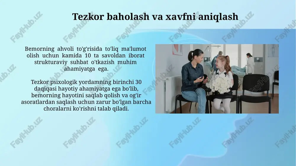 alomatlikni ta'minlaydi. o'tkir stressli buzilishlarni boshqarish o'tkir stressli buzilishlarni boshqarishda, dori-darmon terapiyasi bilan birga, kognitiv-xulq terapiyasi (kkt) kabi 3-5 ta seansdan iborat psixoterapiya usullari samarali qo'llaniladi. krizisli aralashuvning samaradorligi, birinchi 72 soat ichida professional psixologik yordam ko'rsatilishini ta'minlashga bog'liq. yaqinlarga psixologik yordam ko'rsatish psixologik yordamning samaradorligini baholash uchun 1-3 oy davomida muntazam monitoring va 5 balldan iborat shkala yordamida kuzatish tavsiya etiladi. yaqinlarning og'ir psixologik holatini aniqlash uchun kamida 3 ta asosiy mezon (masalan, uyqusizlik, ishtaha yo'qolishi, ruhiy tushkunlik) hisobga olinishi kerak. keyingi davolanish va reabilitatsiya reabilitatsiya jarayoni, kamida 12 hafta davom etadigan, psixo-ijtimoiy moslashuv dasturlarini, qo'llab-quvvatlash guruhlarini va kasbiy reabilitatsiyani o'z ichiga oladi, muvaffaqiyat darajasi 70% dan yuqori bo'lishi mumkin. davolashning samaradorligini baholash uchun, 6 oy va 12 oy keyin kuzatish tadbirlari amalga oshiriladi, bu esa qayta tiklanish darajasi va yomonlashish xavfini aniqlashga yordam beradi. e'tiboringiz uchun rahmat @taqdimot_robot image2.jpg image3.jpg image4.jpg image5.jpg image6.jpg image7.jpg image8.jpg image9.jpg image10.jpg image11.jpg …