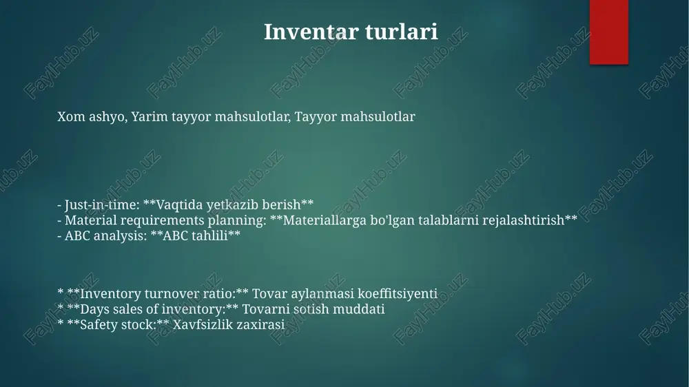 at qilingan talab va mavjud inventarizatsiya asosida ishlab chiqarishni rejalashtiradi, bu materiallar kerak bo'lganda tayyor bo'lishini ta'minlaydi. inventarni boshqarish: umumiy nuqtai nazari samarali inventarni boshqarish mahsulot yetishmasligiga yo'l qo'ymaydi, saqlash xarajatlarini kamaytiradi va mijozlarga o'z vaqtida yetkazib berishni ta'minlaydi. talablarni bashorat qilish, buyurtma miqdorlarini optimallashtirish, saqlash va tashishni boshqarish, shuningdek, inventarizatsiya darajasini kuzatish kabi asosiy jihatlar kiradi. inventarni boshqarish tovarlar va materiallar oqimini rejalashtirish, nazorat qilish va optimallashtirishni o'z ichiga oladi. inventarni boshqarish usullari materiallarni talab qilish rejalashtirish (mrp): ishlab chiqarish ehtiyojlariga asoslanib materiallarni rejalashtiradi va buyurtma beradi. vaqtli yetkazib berish (jit): ishlab chiqarishdan oldin materiallarni olish orqali inventarni minimallashtiradi. abc tahlili: inventarni qiymat bo'yicha tasniflaydi va muhimligiga qarab boshqarishni ustuvorlashtiradi. inventarni boshqarishda avtomatlashtirish va texnologiyalar. avtomatlashtirilgan inventarizatsiya kuzatuvi qo'lda xatolarni kamaytiradi va haqiqiy vaqtda ma'lumotlar beradi. texnologiya ombor inventarizatsiyasi darajasini optimallashtiradi, bu esa tovar etishmovchiligi va ortiqcha ombor inventarizatsiyasi xavfini kamaytiradi. texnologiya ombor inventarizatsiyasi darajasini optimallashtiradi, bu esa tovar …