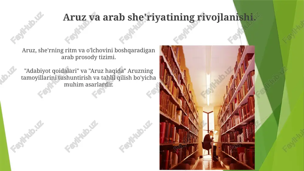 isi, "adabiyot qoidalari" kitobining muallifi. al-xalilning "aruz kitobi" arab she'riyatining murakkab tizimini batafsil bayon qiladi. "adabiyot qoidalari": adabiy uslublar aruz haqida: arab she'riyati prosodiyasini, uning shakllarini va she'riyatga ta'sirini o'rganish. adabiy usullar: metafora, ramz va hikoya tuzilmasini tahlil qilish. e'tiboringiz uchun rahmat @taqdimot_robot image1.jpg image2.jpg image3.jpg image4.jpg image5.jpg image6.jpg image7.jpg image8.jpg image9.jpg image10.jpg image11.jpg image12.jpg image13.jpg image14.jpg image15.jpg image16.jpg image17.jpg