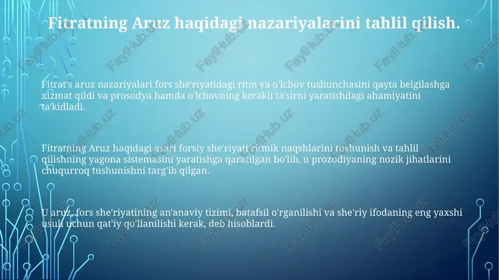 limlar bilan solishtirish. fitratning aruz haqidagi asarlarini o'rganish uchun uning asosiy manbalarini, jumladan uning yozuvlarini va sharhlarini ko'rib chiqish va uning yozgan davrining tarixiy va madaniy kontekstini hisobga olish kerak. fitratning aruz haqidagi asarlarini tahlil qilish klassik fors she'riyati ushbu muhim jihatini tushunish va rivojlantirishga qo'shgan hissasi to'g'risida ma'lumot beradi. fitratning aruz haqidagi qarashlari ko'pincha boshqa taniqli olimlarning qarashlari bilan solishtirilib, ularning talqinlaridagi o'xshashliklar va farqlarni ta'kidlaydi. manbalar fitratning aruz haqidagi asari klassik arab she'riyatini tushunish va qadrlashga sezilarli ta'sir ko'rsatdi. uning tadqiqotlari aruzning tuzilishi, ritmi va qo'llanilishini qamrab oladigan har tomonlama tahlilni taqdim etishga qaratilgan edi. fitratning aruz haqidagi asari arab she'riyatining ushbu metr tizimining qoidalari va tamoyillari haqida edi. fitratning arab she'riyatidagi merosi fitrat arab she'riyat metrikasini o'rganishga inqilob kiritdi, yangi usullarni joriy qildi va an'anaviy nazariyalarni shubha ostiga qo'ydi. u "aruz" (arab she'riyatining o'lchovi) haqidagi inqilobiy ishlari asrlar davomida qabul qilingan fikrlarni qayta ko'rib chiqdi va she'riyatda …