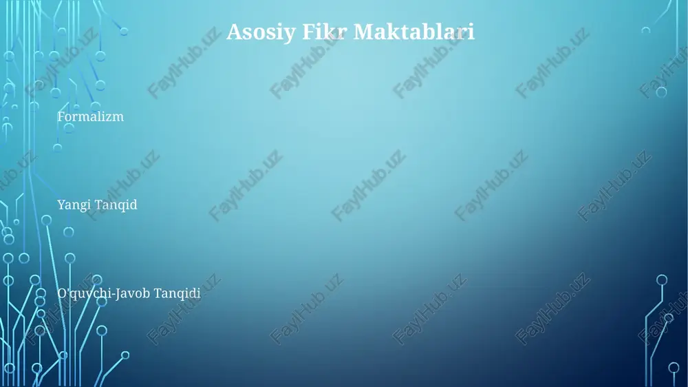 m nazariy doirasidan kelib chiqib tahlil qilishni o'z ichiga oladi. tanqidiy linzalarni qo'llash, matnni ma'lum nazariy doirasidan kelib chiqib tahlil qilishni o'z ichiga oladi. psixoanalitic tanqid adabiy asarlardagi psixologik mavzu va ramzlarni tahlil qiladi. psixoanalitic tanqid mualliflar va personajlarning ongsiz motivlarini o'rganadi. dekonstruksiya dekonstruksiya an'anaviy adabiy talqinlarni shubha ostiga qo'yadigan tanqidiy yondashuvdir. matnlar ichidagi yashirin taxminlar va tarafkashliklarni o'rganish dekonstruksionizmdir. til va adabiy asarlardagi ichki ziddiyatlar va noaniqliklarni fosh qilishga intiladi. strukturalistik tanqid bu tuzilmalar qanday ma'no yaratishini va kengroq madaniy tizimlar bilan qanday bog'liq ekanligini ko'rib chiqadi. strukturistik tanqid adabiy asarlardagi yashirin tuzilmalar va naqshlarni tahlil qiladi. ko'pincha matn va o'quvchi o'rtasidagi munosabatni o'rganish uchun lingvistika, antropologiya va boshqa fanlarga tayanadi. e'tiboringiz uchun rahmat @taqdimot_robot image1.png image2.png image3.png image4.png image5.png