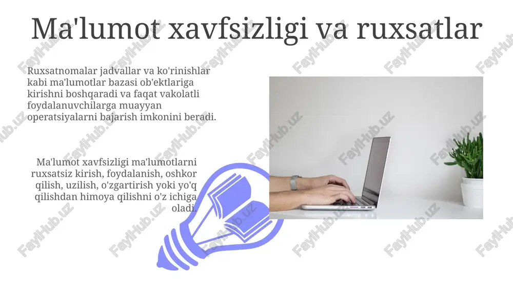 ri bilan ishlash ma'lumotlarni yaratish, o'zgartirish, so'rov qilish va boshqarish kabi vazifalarni o'z ichiga oladi. ma'lumotlar bazasi optimallashtirish va samaradorlik ma'lumotlarni tezroq olish uchun mos indekslardan foydalaning. ma'lumotlar bazasi ishlashi doimiy ravishda tahlil qilingan va sozlangan bo'lishi kerak. sql (strukturavi so'rov til) sql - bu ma'lumotlar bazalari bilan muloqot qilish uchun ishlatiladigan til. bu sizga ma'lumotlarni aniqlash, boshqarish va olish imkonini beradi. ma'lumotlarni filtrlash va saralash ma'lumotlarni filtrlash sizga ma'lum mezonlarga asoslangan holda aniq qatorlarni tanlash imkonini beradi. ma'lumotlarni saralash, tanlangan ustunga qarab, qatorlarni ko'tarilish yoki tushish tartibida joylashtiradi. e'tiboringiz uchun rahmat @taqdimot_robot image4.jpg image5.jpg image6.jpg image7.jpg image8.jpg image9.jpg image10.jpg image11.jpg image12.jpg image13.jpg image14.jpg image15.jpg image16.jpg image17.jpg image18.jpg image19.jpg image20.jpg image1.jpeg image2.jpeg image3.jpeg