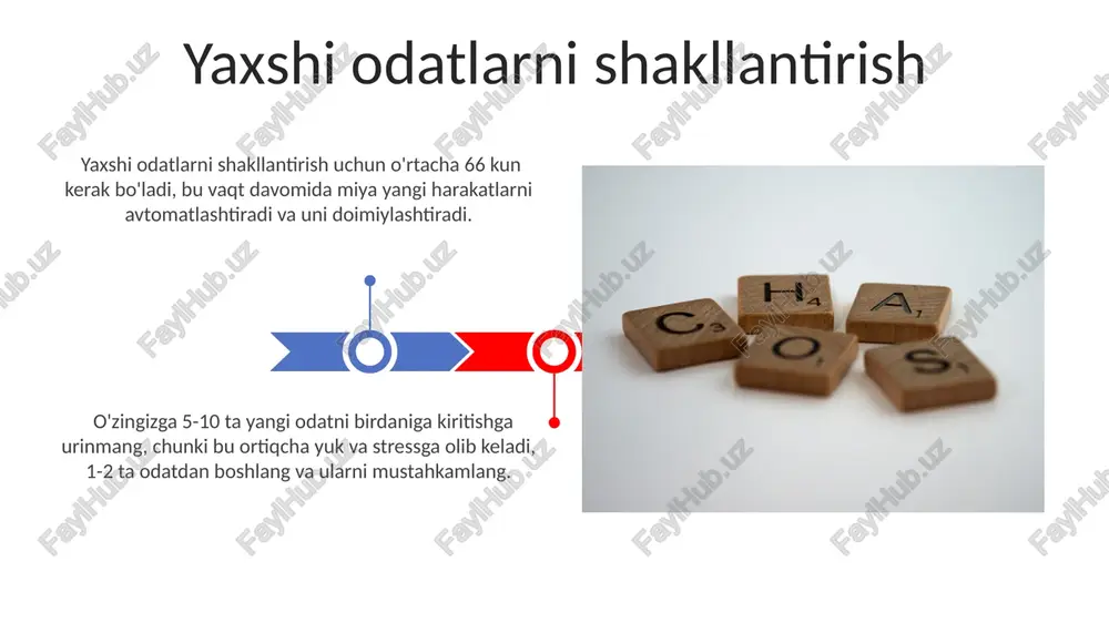 muvaffaqiyat ehtimolini oshiradi. yaxshi odatlarning foydalari yaxshi odatlar, masalan, muntazam jismoniy mashqlar, yurak-qon tomir kasalliklari xavfini 30% ga kamaytirishi va umr ko'rish davomiyligini 5-10 yilga uzaytirishi mumkin. kun tartibiga rioya qilish, stress darajasini 20% ga kamaytiradi, uyqu sifatini yaxshilaydi va ish unumdorligini 15-20% ga oshiradi, bu esa umumiy farovonlikni yaxshilaydi. motivatsiya va intizom motivatsiya darajasi va intizomlilik o'rtasida kuchli korrelyatsiya mavjud: yuqori motivatsiyaga ega odamlar 80% hollarda o'z maqsadlariga intizomli yondashuv tufayli erishadilar. intizomsiz hayot tarzi sog'liqqa salbiy ta'sir ko'rsatishi mumkin, statistika shuni ko'rsatadiki, 70% surunkali kasalliklar noto'g'ri odatlar bilan bog'liq. odatalarning munosabatlarga ta'siri yaxshi odatlar, masalan, muloqot qilish va empatiya, munosabatlarning mustahkamligi darajasini 60% ga oshiradi va 75% hollarda nizolarni hal qilishga yordam beradi, bu esa sog'lom munosabatlarni rivojlantirishga hissa qo'shadi. o'z-o'zini hurmat qilishning pastligi, 20% hollarda salbiy odatlarga olib keladi va munosabatlarning buzilishiga sabab bo'ladi, bu esa 80% hollarda munosabatlardagi muammolarga olib keladi. odatalarning shakllanishi muvaffaqiyatli odatlarning shakllanishida …