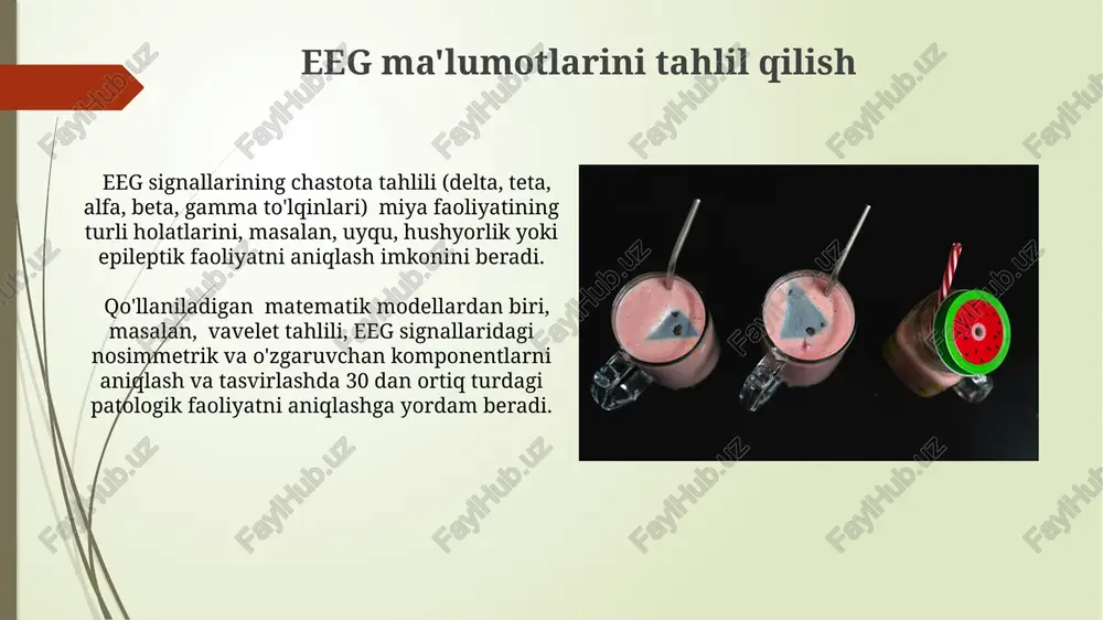 (a/d konvertorlar) va maxsus dasturiy ta'minotdan foydalaniladi, bu jarayon millisekundlarda amalga oshiriladi. eeg signallari juda zaif bo'lganligi sababli, ularni kuchaytirish uchun yuqori darajadagi kuchaytirgichlar (odatda 1000 dan 100,000 gacha) ishlatiladi, shu bilan birga shovqinni minimallashtirishga qaratilgan filtrlar qo'llaniladi. e'tiboringiz uchun rahmat @taqdimot_robot image1.jpg image2.jpg image3.jpg image4.jpg image5.jpg image6.jpg image7.jpg image8.jpg image9.jpg
