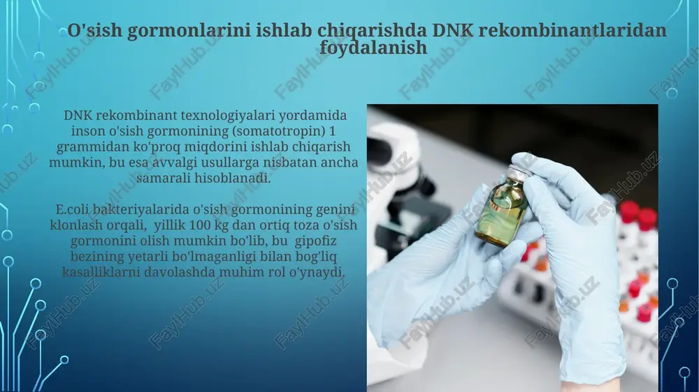 ni qo'llash imkonini beradi. saraton kasalliklarini davolashda dnk rekombinantlaridan foydalanish onkogenetik kasalliklarni davolashda dnk rekombinantlari orqali yaratilgan yangi avlod gen terapiyasi usullari, jumladan, crispr/cas9 texnologiyasi qo'llanilmoqda, bu esa 90% dan ortiq muvaffaqiyatga erishmoqda. saratonning ayrim turlarida dnk rekombinantlari yordamida ishlab chiqarilgan immunoterapiya vositalari, masalan, car-t hujayralari terapiyasi, bemorlarning 5 yillik omon qolish ko'rsatkichini sezilarli darajada oshirdi. dnk rekombinant texnologiyalarining kelajagi gen terapiyasi sohasida crispr-cas9 kabi yangi vositalarning qo'llanilishi natijasida irsiy kasalliklarni davolash samaradorligi 2030 yilga kelib 70% ga oshishi mumkin. dnk rekombinant texnologiyalari yordamida 10 yil ichida kamida 5 ta yangi turdagi saraton kasalligini davolash usullari yaratilishi kutilmoqda, bu esa o'lim darajasini sezilarli darajada pasaytiradi. interferonlarni ishlab chiqarishda dnk rekombinantlaridan foydalanish rekombinant interferonlarning afzalligi, ularning yuqori tozaligi va standartlashtirilgan dozalarida ishlab chiqarilishi hisoblanadi, bu esa davolashning samaradorligini oshiradi va yon ta'sirlarni kamaytiradi. inson interferoni genini bakteriya yoki xamirturush hujayralariga joylashtirish orqali olingan rekombinant interferonlar, 106-108 iu/l gacha bo'lgan yuqori konsentratsiyalarda …