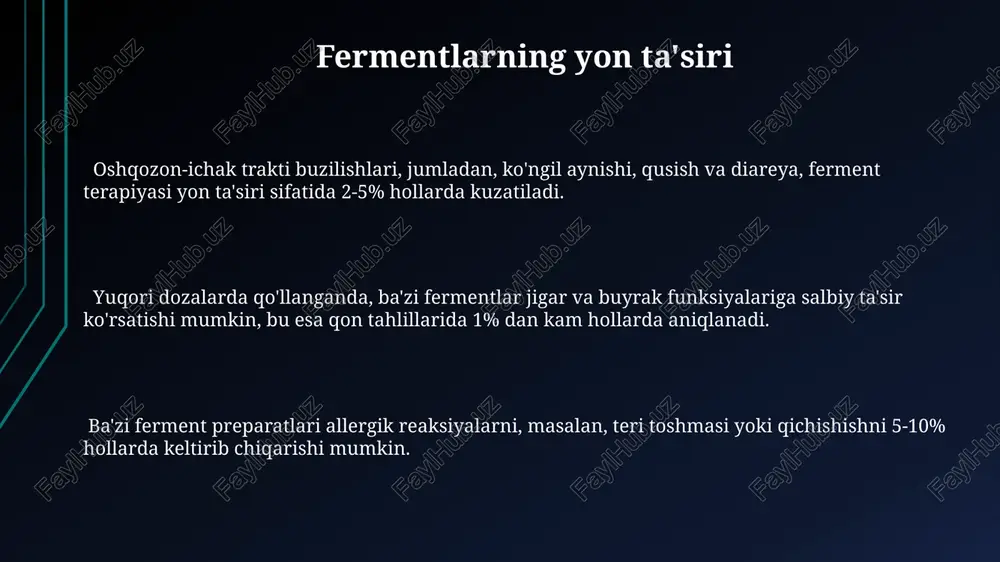 i miqdori 100 u/l dan yuqori bo'lishi mumdan dalolat beradi. fermentlarning 300 dan ortiq turi tibbiyotda turli kasalliklarni davolash va diagnostika qilishda qo'llaniladi, masalan, qon ivishini nazorat qilishda yoki genetik kasalliklarni aniqlashda. diagnostikada fermentlardan foydalanish yuqori sezuvchanlik va aniqlikka ega fermentativ immunosorbent tahlil (elisa) usuli yordamida virusli gepatit, oiv kabi infeksiyonlarni aniqlash mumkin, natijalar 1-2 soat ichida olinadi. laktat degidrogenaza (ldh) fermentining faolligi yurak mushagi shikastlanishini aniqlashda muhim diagnostik marker hisoblanadi, uning qon plazmasidagi miqdori infarkt holatlarida 5-6 barobar ortadi. fermentlar yordamida qon zardobidagi 200 dan ortiq turli biokimyoviy ko'rsatkichlarni aniqlash va miqdoriy baholash mumkin, bu esa turli kasalliklarni erta tashxislashga yordam beradi. antibiotiklar ishlab chiqarishda fermentlar streptomyces turkumidagi bakteriyalar tomonidan ishlab chiqariladigan tetrasiklin antibiotiklar sintezida glykosiltransferaza kabi fermentlar muhim rol o'ynaydi. monobaktamlar kabi ba'zi antibiotiklarning kimyoviy sintezi jarayonida lipaz va esterazalar kabi fermentlar reaktsiyalarni tezlashtirish va hosil bo'lish darajasini 15-20% ga oshirish uchun qo'llaniladi. β-laktamaza fermentlari ba'zi antibiotiklarning, masalan, …
