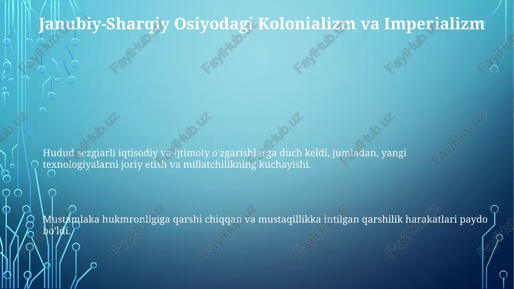 di va inqilob uchun reja berdi. mustamlakachilik merosi siyosiy beqarorlik: kolonial chegaralar mavjud etnik va madaniy chegaralarni e'tiborga olmagan, bu esa mustaqillikdan keyin mojarolar va beqarorlikka olib keldi. ijtimoiy ierarxiya: kolonializm mavjud ierarxiyalarni mustahkamlab, yevropa elitalarini mahalliy aholidan ustun qo'ydi va tengsizliklarni davom ettirdi. resurslardan foydalanish: yevropa kuchlari janubi-sharqiy osiyoni iqtisodiy jihatdan zaiflashtirib, o'z sanoatlari uchun kauchuk, qalay va guruch kabi resurslarni olib chiqishdi. janubiy-sharqiy osiyoning kelajagi janubiy-sharqiy osiyoning kelajagi tez iqtisodiy o'sish, yosh aholi va mintaqaviy integratsiya tufayli istiqbolli. 19-asr oxiri va 20-asr boshlarida janubi-sharqiy osiyo mamlakatlari mustamlakachilik, qarshilik harakatlari va yangi paydo bo'layotgan millatchilikka duch kelishdi. bu mintaqa evropa imperiyalizmi ta'sirida shakllangan bo'lib, natijada siyosiy beqarorlik, iqtisodiy ekspluatatsiya va ijtimoiy o'zgarishlar yuzaga kelgan. indoneziya inqilobi janubiy-sharqiy osiyo mamlakatlari 19-asrning oxiri va 20-asrning boshlarida millatchi harakatlar paydo bo'lgan evropa mustamlakachiligi bilan duch keldi. iqtisodiy ekspluatatsiya, siyosiy zulm va madaniy bostirish kabi omillar bu harakatlarni kuchaytirdi. indoneziya 1945-yilda yaponiya istilosidan …