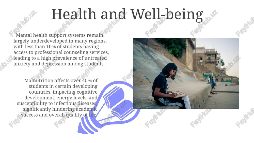 ity exists in access to secondary education; the net enrolment ratio is often below 50% in several developing nations, indicating a substantial gender gap and limited opportunities for higher learning. globally, over 258 million children and youth are out of school, with a disproportionate number residing in low-income developing countries facing infrastructural and resource limitations in education provision. thank you for your attention @taqdimot_robot image4.jpg image5.jpg image6.jpg image7.jpg image8.jpg image9.jpg image10.jpg image11.jpg image12.jpg image1.jpeg image2.jpeg image3.jpeg