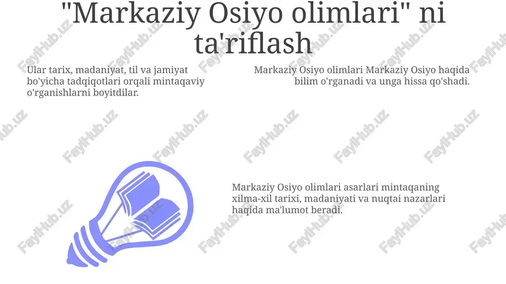 i mintaqaning tarixi, madaniyati, tillari va geografiyasini tushunishga katta hissa qo'shdilar. tadqiqot manbalari va usullari markaziy osiyo olimlari mintaqaviy tadqiqotlarga, ayniqsa tarix, geografiya, astronomiya va tibbiyot sohalariga katta hissa qo'shdilar. ularning asarlari ko'pincha mintaqaning ijtimoiy, madaniy va iqtisodiy hayoti haqida qimmatli ma'lumotlar beradi. markaziy osiyo olimlari tomonidan qo'llanilgan manbalar va usullar davr va o'rganish sohasiga qarab juda farq qilar edi, og'zaki an'analar va tarixiy yilnomalardan tortib, ilmiy kuzatish va tahlilga qadar. markaziy osiyo olimlari asarlari o'z mintaqalari haqida boy ma'lumotlarni o'z ichiga oladi, jumladan, geografik tasvirlar, iqlim, o'simlik va hayvonot dunyosi, ijtimoiy urf-odatlar, iqtisodiy faoliyat va siyosiy tizimlar haqida batafsil ma'lumotlarni beradi. siyosiy va iqtisodiy tizimlar add text add text add text add text add text add text markaziy osiyo olimlari o'z mintaqasining noyob siyosiy tuzilmalari va iqtisodiy tizimlarini, jumladan, imperiyalar, savdo yo'llari va ko'chmanchi madaniyatlarning ta'sirini tushunishga hissa qo'shdilar. markaziy osiyo tarixi, tili, adabiyoti va madaniy amaliyotlariga yoritib berib, …