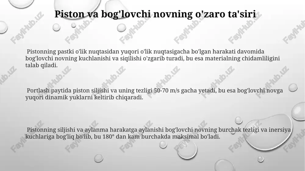 ngil va yuqori mustahkamlikka ega bo'lgan bog'lovchi novlarni ishlab chiqarish mumkin, bu esa 15-20% gacha vaznni tejash imkonini beradi. zamonaviy bogʻlovchi novlar alyuminiy qotishmalaridan, masalan, a356 yoki alsi7mg0.6 dan, yuqori chidamlilik va yengillikni ta'minlash uchun ishlab chiqariladi, bu esa piston mexanizmining samaradorligini oshiradi. e'tiboringiz uchun rahmat @taqdimot_robot image1.png image2.png image3.png