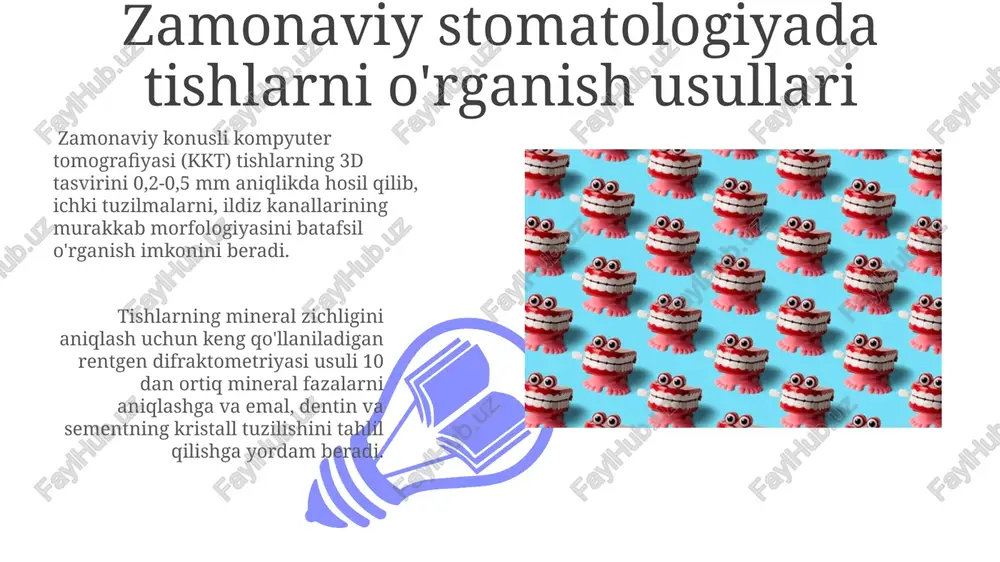 o'sa boshlaydi va 32 ta doimiy tish 18-25 yosh oralig'ida to'liq shakllanadi, bu jarayon maxilla va mandibula suyaklarining o'sishi bilan bog'liq. tishlarning tuzilishi va funktsiyasi tishlarning emal qatlami 96% gidroksiapatit kristallaridan iborat bo'lib, bu ularga mexanik ta'sirlarga yuqori qarshilik ko'rsatish imkonini beradi. tishlar 3 ta asosiy qatlamdan: emal, dentin va tsementdan tashkil topgan bo'lib, ularning har biri o'ziga xos mineral tarkibi va mexanik xususiyatlariga ega. tishlarning histogenezi 01 02 dentinogenesis jarayoni odontoblastlar tomonidan dentin matriksining sintezini o'z ichiga oladi va taxminan tug'ilishdan keyin 4-6 oy davomida faol bo'ladi, bu jarayonda kollagen va mineral komponentlarning o'zaro ta'siri muhim rol o'ynaydi. sales 1st qtr 2nd qtr 100 0 sales 1st qtr 2nd qtr 100 0 tishlarning mikroskopik tuzilishi email va odontoblastlar o'rtasidagi tomes tolalari dentinning mineralizatsiyasi jarayonida muhim rol o'ynab, mineral moddalarni tashishda ishtirok etadi. tishlar dentinining asosiy tarkibiy qismi 70% gidroksiapatit kristallaridan, 20% organik matrisdan va 10% suvdan iborat bo'lib, ularning …