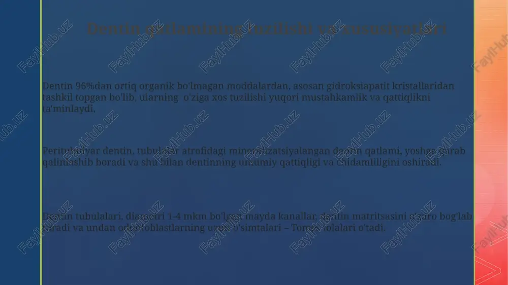 odontoblastlar tomonidan ishlab chiqarilgan kollagen matritsasi ichida sodir bo'ladi va mineralizatsiya darajasi yoshiga bog'liq holda 70% dan 90% gacha o'zgaradi. ameloblastlar tomonidan ishlab chiqarilgan hidroksiapatit kristallarining o'sishi va yig'ilishi tishlarning mineralizatsiyasi uchun muhim bo'lib, ularning o'lchami taxminan 20-50 nm ni tashkil etadi. tsememtning rivojlanishi tsementning shakllanishi uch bosqichda: apikal, kortikal va interglobuler sohalarda, taxminan 2-3 yoshdan boshlab boshlanadi va tishlarning ildizining to’liq shakllanishiga qadar davom etadi. tsement hujayralari, sementblastlar, dastlabki tsement matritsasiga joylashib, keyinchalik mineralizatsiya jarayonida fosfat va kaltsiy tuzlari bilan to‘yingan kollagen tolalarini hosil qiladi. tsementning qalinligi turli tishlarda va hatto bir tishning turli qismlarida farq qiladi, o‘rtacha 20-50 mikrometrni tashkil etadi, bu tishlarning funksiyasi va og'irligiga bog'liq. emailning rivojlanishi tishlarning emalning rivojlanishida ameloblastlarning faolligi 3 bosqichda sodir bo'ladi: proliferatsiya, differentsiatsiya va sekretsiya. bu jarayonlarda turli oqsillar va minerallar, masalan, amelogeninlar ishtirok etadi. tishlarning to'liq shakllanishi taxminan 12 yoshga kelib tugaydi, ammo emalning mineralizatsiyasi jarayoni 25 yoshgacha davom etishi …