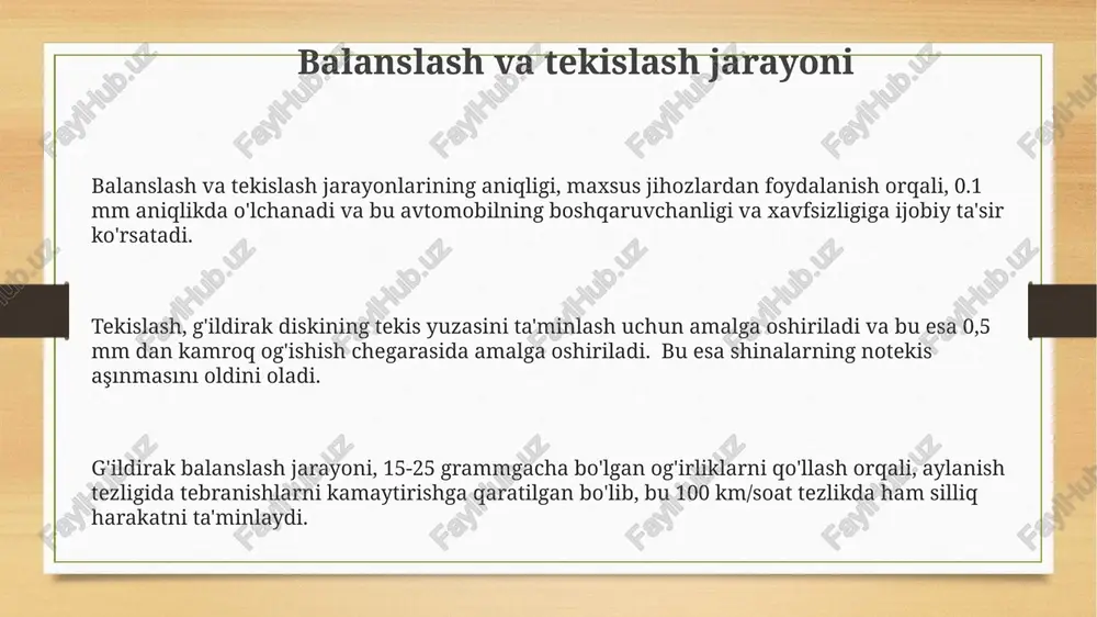 ari uchun g'ildiraklarning diametri va o'lchamlari sezilarli darajada farq qiladi, bu esa yuk tashish hajmi va xavfsizlik talablariga bog'liq. shinalar haqida umumiy ma'lumot zamonaviy shinalar turli xil materiallar, masalan, tabiiy kauchuk, sintetik kauchuk va metall kordlardan tayyorlanadi, bu ularning mustahkamligi va ishlash xususiyatlarini yaxshilaydi. shinalar odatda 1-3 mm chuqurlikdagi oluklarga ega bo'lib, bu suvni yo'l sirtidan chiqarish va tormozlash masofasini qisqartirishga yordam beradi, shuningdek, shinaning umrini uzaytiradi. shinalar bosimiga qarab, ularning yengilligi, yoqilg'i sarfi va tormozlash samaradorligi o'zgaradi; optimal bosim odatda shinaning yon devorida ko'rsatilgan. zamonaviy g'ildirak texnologiyalari gʻildiraklarning aerodinamik dizayni, 15-20% gacha havo qarshiligini kamaytirib, avtomobilning tezlashuvini yaxshilaydi va yonilgʻi tejamkorligini oshiradi. zamonaviy g'ildiraklar, 30% gacha engilroq boʻlib, yoqilgʻi sarfini kamaytiradi va tormoz masofasini qisqartiradi, bu esa xavfsizlikni oshiradi. karbon tolali kompozit materiallardan foydalanish, g'ildiraklarning mustahkamligini 50% gacha oshiradi va ogʻirligini sezilarli darajada kamaytiradi, bu esa boshqaruvni yaxshilaydi. stupitsalar va ularning tuzilishi shinalarning o'lchamlari, masalan, 205/55 r16, kenglik, balandlik …