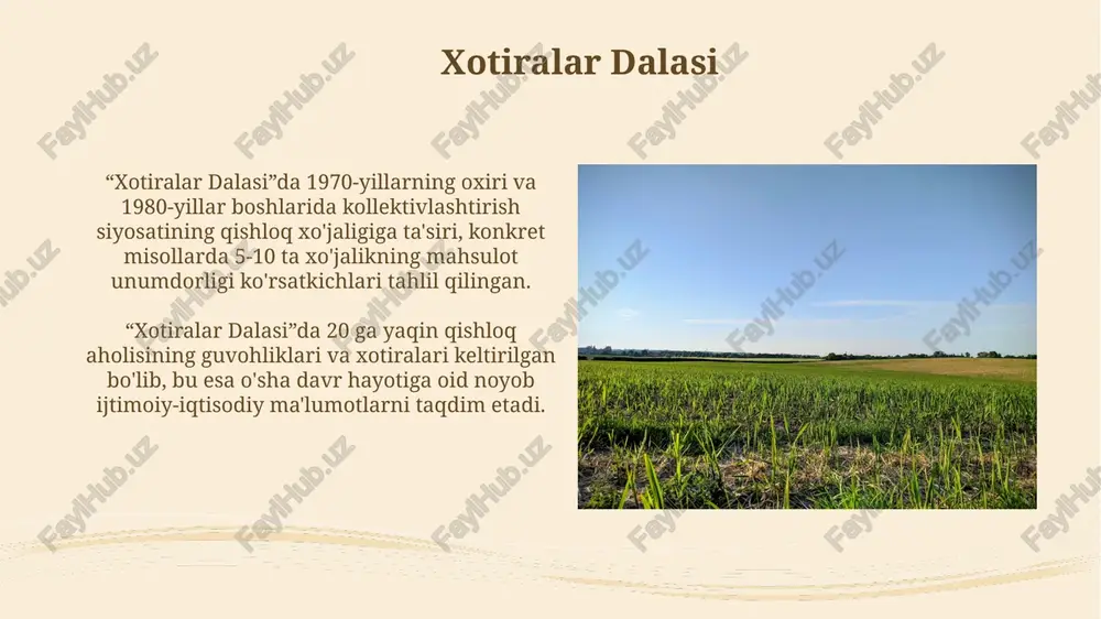 5 dan ortiq an'anaga rioya qiluvchi oilalarda bolalar o'ziga ishonchli va mustaqil bo'lishga moyil. bolalikning izlari “bolalikning izlari” romanida 30 dan ortiq turli xil obrazlar mavjud bo‘lib, ularning har biri o‘ziga xos xarakter va taqdirga ega. kitobda 1980-yillar o‘zbekistonining qishloq hayoti, ijtimoiy-iqtisodiy sharoitlari va odamlarning turmush tarzini aks ettiruvchi 50 dan ortiq voqea tafsilotlari keltirilgan. e'tiboringiz uchun rahmat @taqdimot_robot image2.jpg image3.jpg image4.jpg image5.jpg image6.jpg image7.jpg image8.jpg image9.jpg image10.jpg image11.jpg image12.jpg image13.jpg