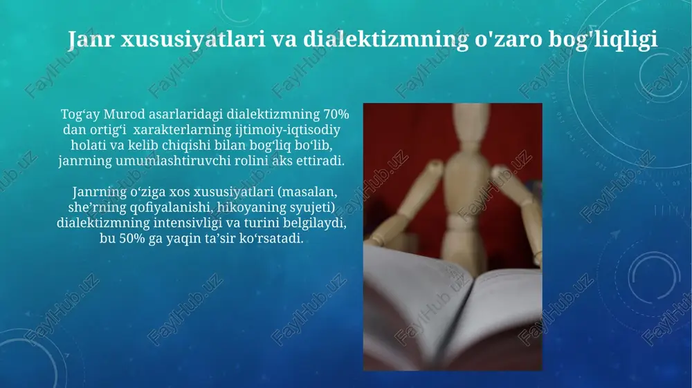 , jumladan, metafora va taqqoslash orqali ifodalangan. asarlardagi dialektizmlarni morfologik va sintaksis jihatdan tahlil qilish natijasida 3 ta asosiy guruh aniqlangan: fonetik, leksik va grammatik dialektizmlar. dialektizm tushunchasi va uning xususiyatlari tog'ay murod asarlaridagi dialektizmlarning 70% dan ortig'i xalq og'zaki ijodiyotiga mansub bo'lib, tilning genetik rivojlanishiga oid ma'lumotlar beradi. dialektizmlarning tasnifida fonetik, morfologik va leksik deb 3 asosiy guruhga ajratish mumkin, bularning har biri o'ziga xos xususiyatlarga ega. dialektizmning badiiy funksiyalari muallifning 20 dan ortiq asarida dialektizmlar orqali obrazlarning ichki dunyosi, ularning psixologik xususiyatlari va ijtimoiy mavqelari ko'rsatib o'tilgan. dialektizmlar, syujetning rivojlanishiga 15% ulush qo'shgan holda, qahramonlar o'rtasidagi ziddiyatlarni yanada chuqurroq ochib berish va voqealar manzarasini boyitishda muhim rol o'ynaydi. muallifning til mahorati va dialektizmning uyg'unligi togʻay murod asarlarida 20 dan ortiq xalq ogʻzaki ijod namunalari va 5 ta shevadan olingan dialektizmlarni mahoratli qoʻllaganligi uning til boyligidan dalolat beradi. togʻay murod asarlarida dialektizmlarning funksional oʻrni ularning obrazlilik, xarakteristik va stilistik …