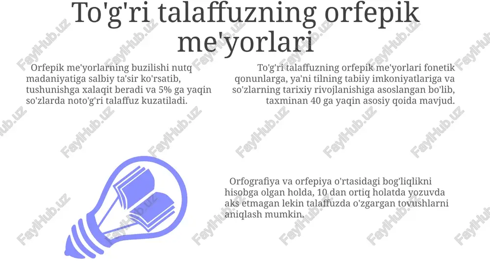 , ularning talaffuzi 3 ta asosiy variantga ega. murakkab so'zlarning talaffuzida, birinchi bo'g'in urg'usiga ega bo'lgan so'zlar 70% ga yaqinini tashkil etadi va ularni to'g'ri talaffuz qilish grammatik jihatdan muhim ahamiyatga ega. murakkab so'zlarning talaffuzidagi xatolar soni, o'rtacha 100 ta so'z uchun 5-7 ta xatoga yetkazishi mumkin va bu nutq madaniyatini pasaytiradi. so'zlarning birlashuvi va talaffuzi so'zlarning birlashuvi jarayonida undosh tovushlarni o'zgarishi, masalan, “o’qituvchi” so'zida ikkita undosh tovushning birlashuvi natijasida [q] tovushi [k] ga o'zgaradi; bu orfografiya va talaffuz o'rtasidagi farqni aks ettiradi. murakkab so'zlarning talaffuzida urg'u qo'yilishi muhim ahamiyatga ega bo'lib, masalan, 2 bo'g'inli so'zlarda asosan birinchi bo'g'inga urg'u tushadi, lekin istisnolar ham mavjud. ba'zi qo'shma so'zlarda, jumladan, 3 yoki undan ortiq so'zlardan tashkil topgan birikmalarda, talaffuzda qisqarish va soddalashtirish kuzatiladi, bu esa orfoepik normalarni bilishni talab qiladi. urg'u va intonatsiya urg'uning hajmi va kuchi, jumlaning emotsional rangiga qarab, 1 dan 5 gacha bo'lgan shkala bo'yicha o'lchanadi va bu …
