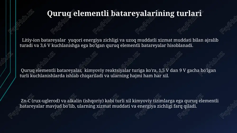 larning ish printsipi elektrolit orqali ionlarning harakatiga asoslangan, odatda 1,2 dan 2,0 voltgacha kuchlanish hosil qiladi. akkumulyatorlarning xizmat muddati to'g'ri ishlatilishiga bog'liq, taxminan 300-500 to'liq zaryad-razryad siklidan keyin sig'imi pasaya boshlaydi. muammolar va echimlari muhim parametrlardan biri bo'lgan batareya sig'imi (masalan, 1000 mah) uning to'liq razryad qilinmaguncha berishi mumkin bo'lgan tok miqdorini amper-soatlarda (ah) ko'rsatadi. akkumulyatorlarni takroriy zaryadlash jarayonida o'rtacha 1000-2000 martadan ortiq zaryad-razryad sikllarini amalga oshirish mumkin, biroq bu ko'rsatkich batareya turi va foydalanish shartlariga bog'liq. quruq elementli batareyalarni ishlab chiqarishda 1,5 v kuchlanishga ega bo'lgan zn-c (rux-uglerod) elementlari keng qo'llaniladi va ularning ichki qarshiligi taxminan 0,5-2 ohm oralig'ida bo'ladi. quruq elementli batareyalar quruq elementli batareyalar, odatda, 1,5 volt kuchlanish hosil qiladi va turli xil o'lchamlar va konfiguratsiyalarda, masalan, aa, aaa va 9v kabi mavjud. quruq elementli batareyalar bir martalik, ya'ni qayta zaryadlanmaydigan qurilmalar hisoblanadi va ularning o'rtacha xizmat muddati 1-2 yilni tashkil etadi, ammo bu turli omillarga bog'liq. …