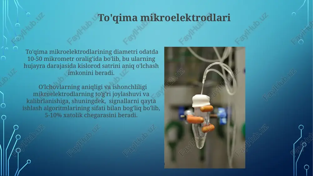 ik bilan natija beradi, lekin to'g'ridan-to'g'ri o'lchov emas. kt skanerlashida kontrast moddalar kislorodga boy hududlarni aniqroq ko'rsatish uchun ishlatilishi mumkin, bu esa to'qimalarning kislorod sathlarini taxminan 5-10% aniqroq baholash imkonini beradi. biroq, bu usul invaziv hisoblanadi. magnit-rezonans tomografiyasi (mrt) magnit-rezonans tomografiyasi (mrt) yordamida to'qimalardagi kislorod to'yinganligini aniqlashda t2 relaksatsiya vaqti parametrlaridan foydalaniladi, bu esa oksigenlangan va deoksigenlangan gemoglobinning magnit xossalaridagi farqlarga asoslangan. mrtning yuqori fazoviy o'lchamlari (masalan, 1 mm dan kam piksel o'lchamlari) tufayli, kichik to'qima hududlaridagi kislorod to'yinganligini aniq aniqlash imkonini beradi, bu esa diagnostik aniqlikni oshiradi. nirs (yaqin infraqizil spektroskopiyasi) yaqin infraqizil spektroskopiyasi (nirs) 700-900 nm to'lqin uzunliklaridagi yorug'likdan foydalanib, to'qimalardagi oksigen saturasiyasini o'lchashga imkon beradi, bu esa gemoglobinning turli xil absorbsiya xususiyatlariga asoslangan. nirs usuli invaziv bo'lmaganligi sababli, terining yuzasidan qo'llanishi mumkin va ko'pgina klinik sharoitlarda, jumladan, yangi tug'ilgan chaqaloqlarni monitoring qilishda qulay va samarali usul hisoblanadi. invaziv usullar to'qimalarning kislorod to'yinganligini aniqlashning invaziv usullaridan biri, arterial …