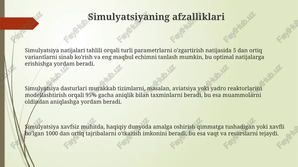 chiqarish simulyatorlarga ma'lumot kiritishning bir usuli sifatida, 1000 ta elementdan iborat massivni fayldan o'qish yoki 100 ta tasodifiy sonlarni avtomatik ravishda generatsiya qilish orqali amalga oshirish mumkin. simulyatsiya natijalarini tahlil qilish uchun, ma'lumotlar bazasiga yozish orqali 50 ta parametrni saqlash va keyinchalik sql so'rovlari yordamida ma'lumotlarni qayta ishlash va statistik tahlil qilish mumkin. chiqish ma'lumotlarini grafik ko'rinishda, masalan, 2d yoki 3d grafiklar yordamida yoki matnli hisobotlar shaklida, 5 ta asosiy ko'rsatkichning qiymati va ularning o'zgarish dinamikasini aks ettiruvchi jadvallar bilan taqdim etish mumkin. simulyator dasturlarining ta'rifi ko'pgina simulyatorlar murakkab algoritmlar va 3d grafikalarni qo'llab-quvvatlaydi, bu esa foydalanuvchilarga o'zaro ta'sirli va realistik muhitda ta'lim olish yoki tajriba o'tkazish imkonini beradi, masalan, 1000 dan ortiq turdagi senariylarni simulyatsiya qilish mumkin. simulyatsiya natijalari, masalan, statistik ma'lumotlar va grafiklar shaklida taqdim etiladi va bu natijalarni tahlil qilish orqali amaliyotni optimallashtirish va xatoliklarni oldini olish mumkin, 50% gacha samaradorlikni oshirishga yordam beradi. simulyator dasturlar real …